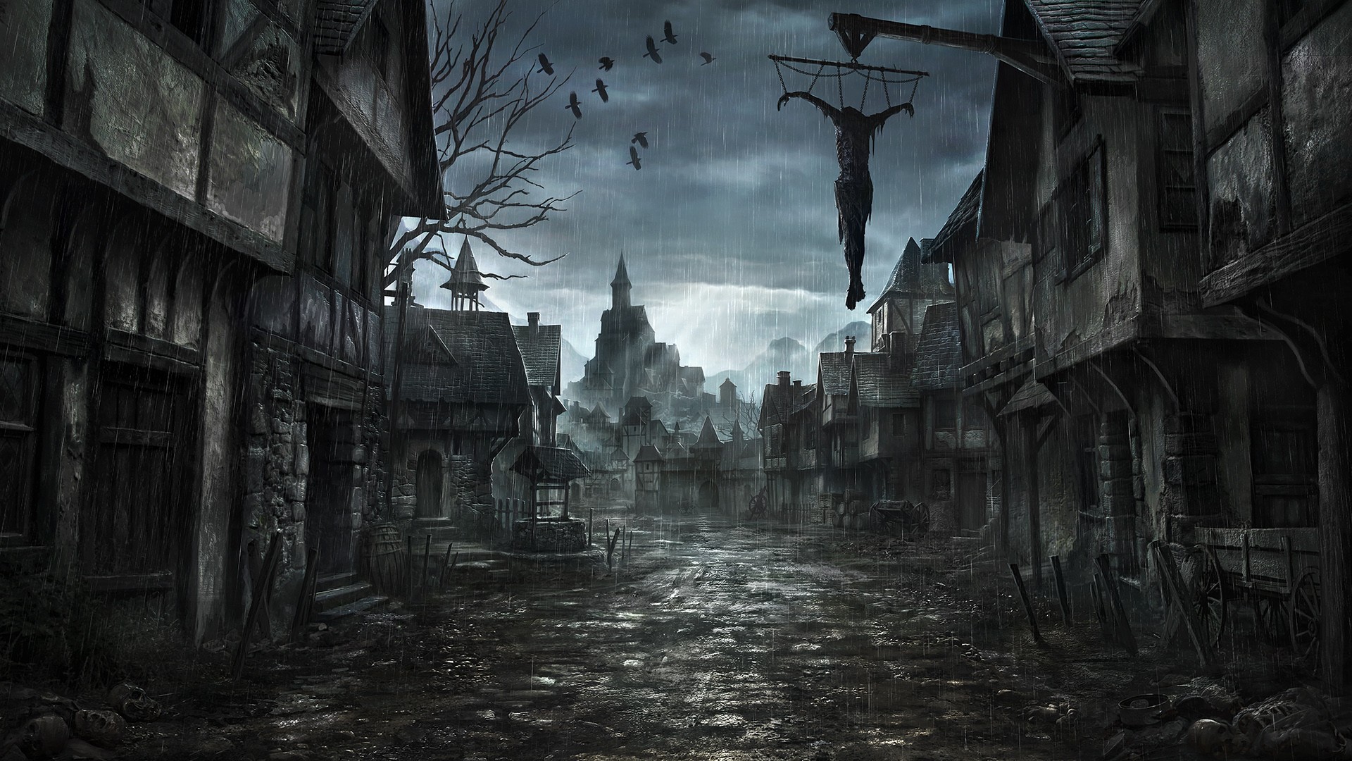 General 1920x1080 fantasy art fantasy city dark fantasy dark video games Dead Man crow town village video game art rain Bloodborne house