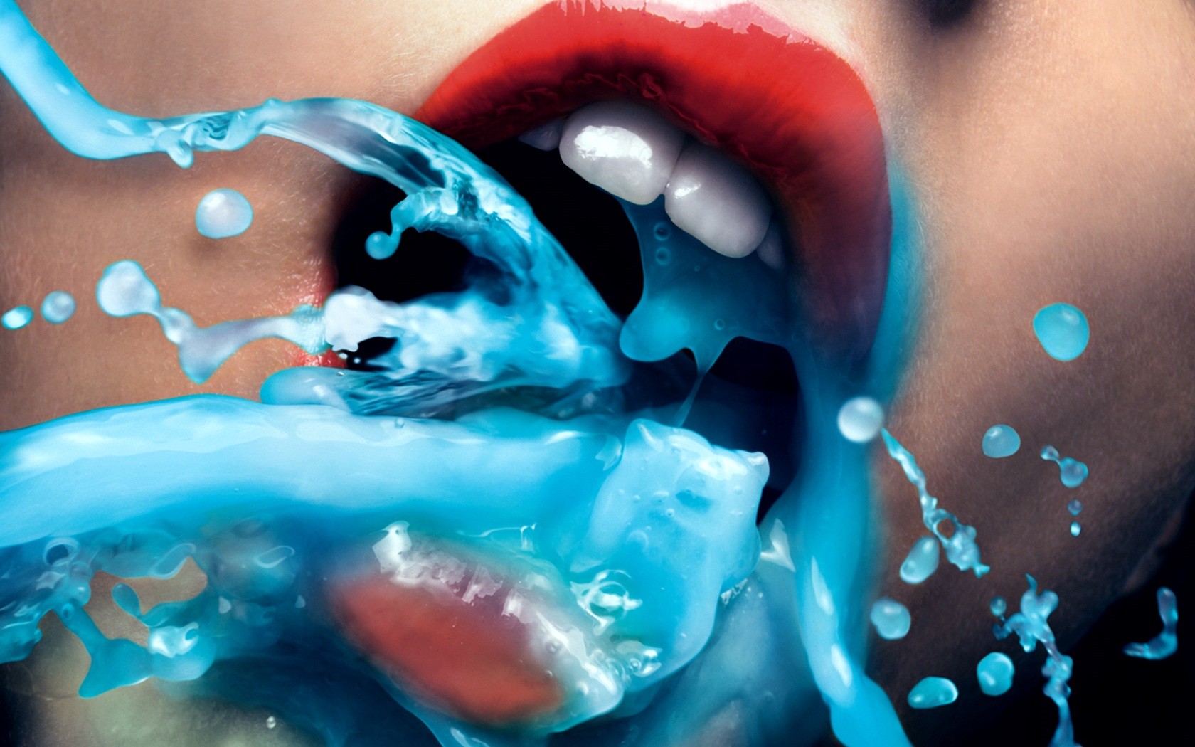 People 1680x1050 mouth closeup lips teeth red blue open mouth liquid red lipstick women model juicy lips cyan drinking problems