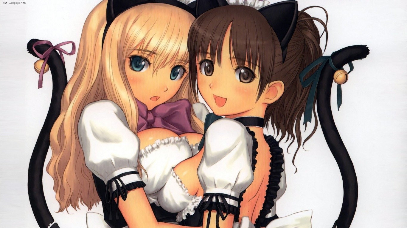 Anime 1366x768 anime anime girls cat girl cat ears tail maid blonde brunette Tony Taka big boobs