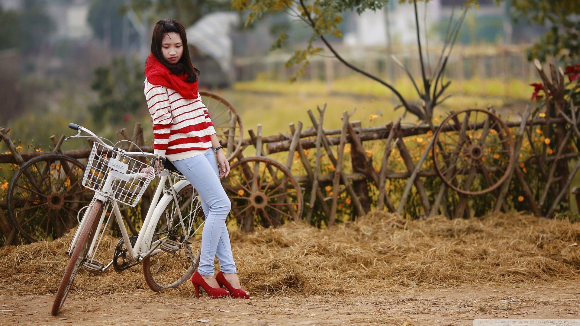 People 1920x1080 women Asian bicycle women with bicycles striped clothing heels red heels women outdoors outdoors model looking away