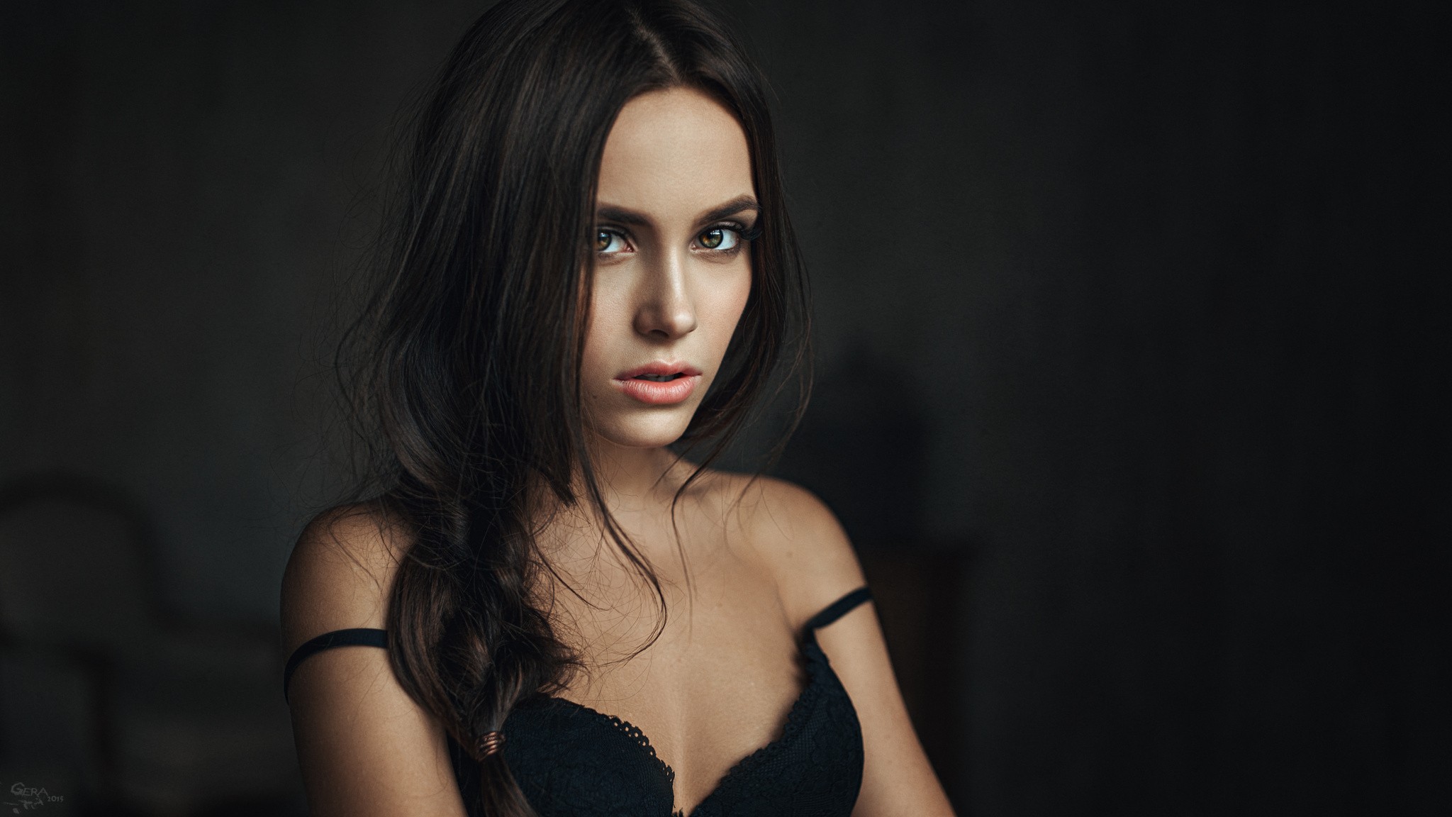 People 2048x1152 women brunette Georgy Chernyadyev hazel eyes face bra black bras bare shoulders Kseniya Klimenko women indoors indoors parted lips looking at viewer model 2015 (Year)