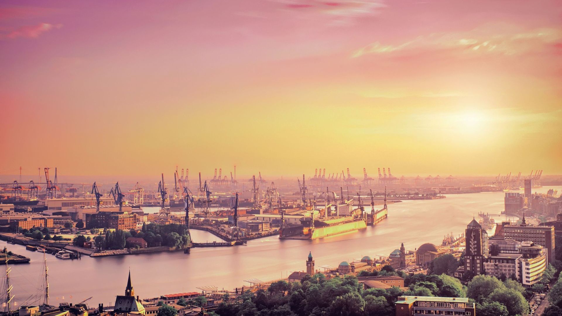 General 1920x1080 Hamburg cranes (machine) Germany sky cityscape ports sunlight