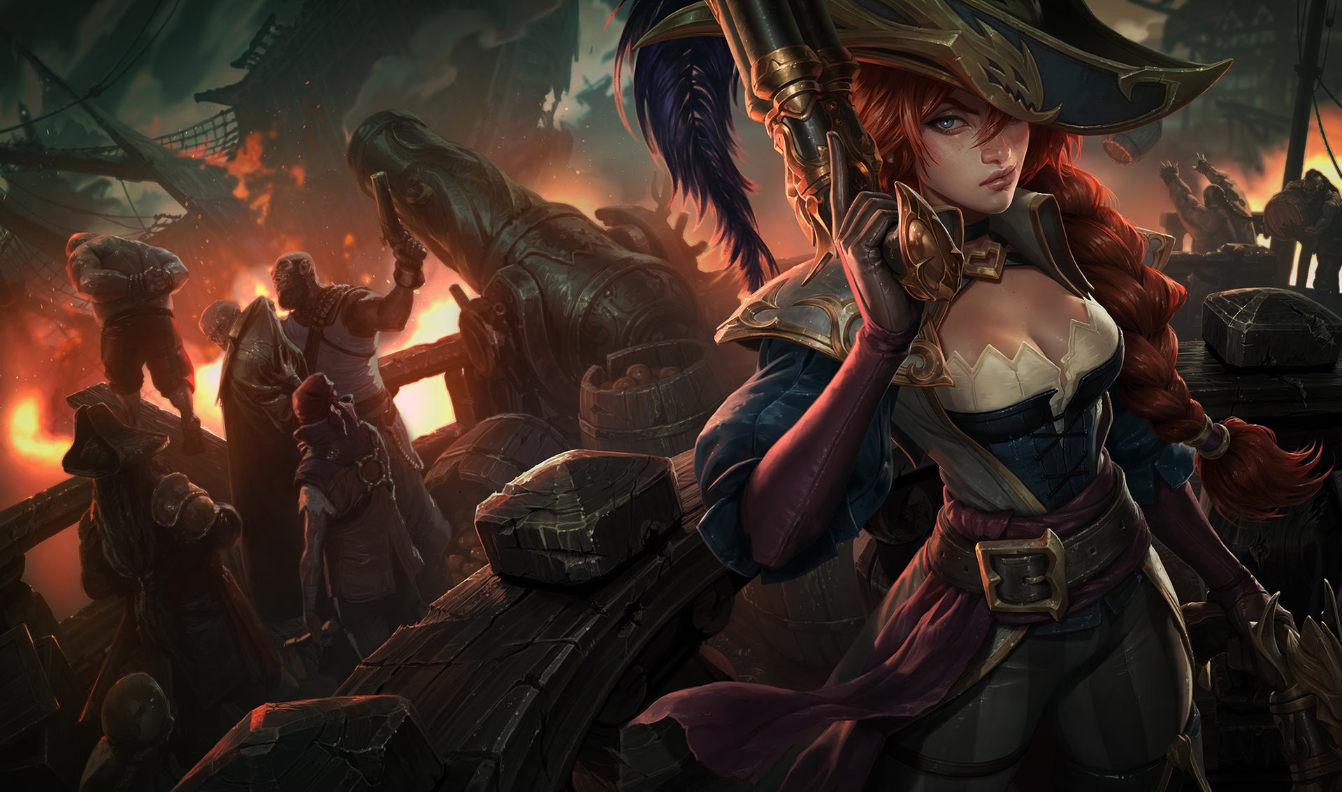 General 1920x1133 League of Legends Bilgewater corset Miss Fortune (League of Legends) cleavage Pirate ship PC gaming video game art video game characters video game girls redhead long hair