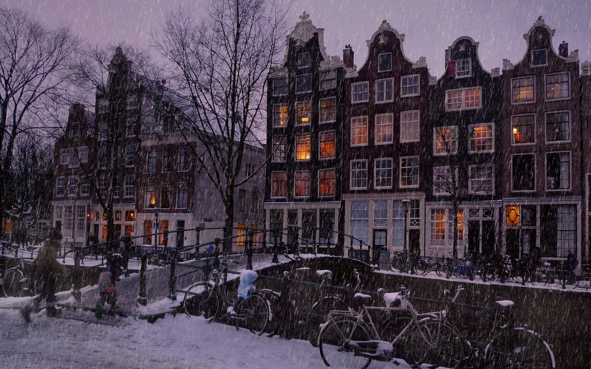 General 1920x1200 building city snow winter bicycle bridge trees Amsterdam Netherlands cold outdoors urban
