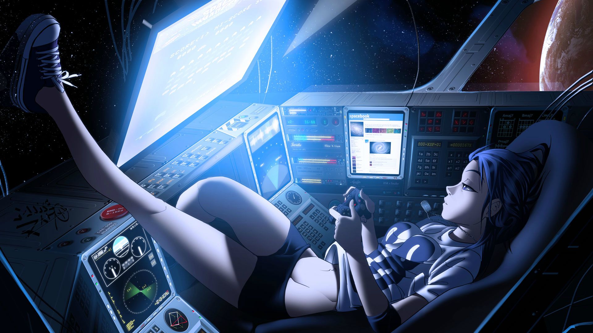 Anime 1920x1080 artwork anime digital art anime girls video games drawing futuristic space space station vashperado PlayStation 3 Space Invaders spaceship zero gravity belly cockpit controllers star trails gamer science fiction cyan science fiction women legs Converse