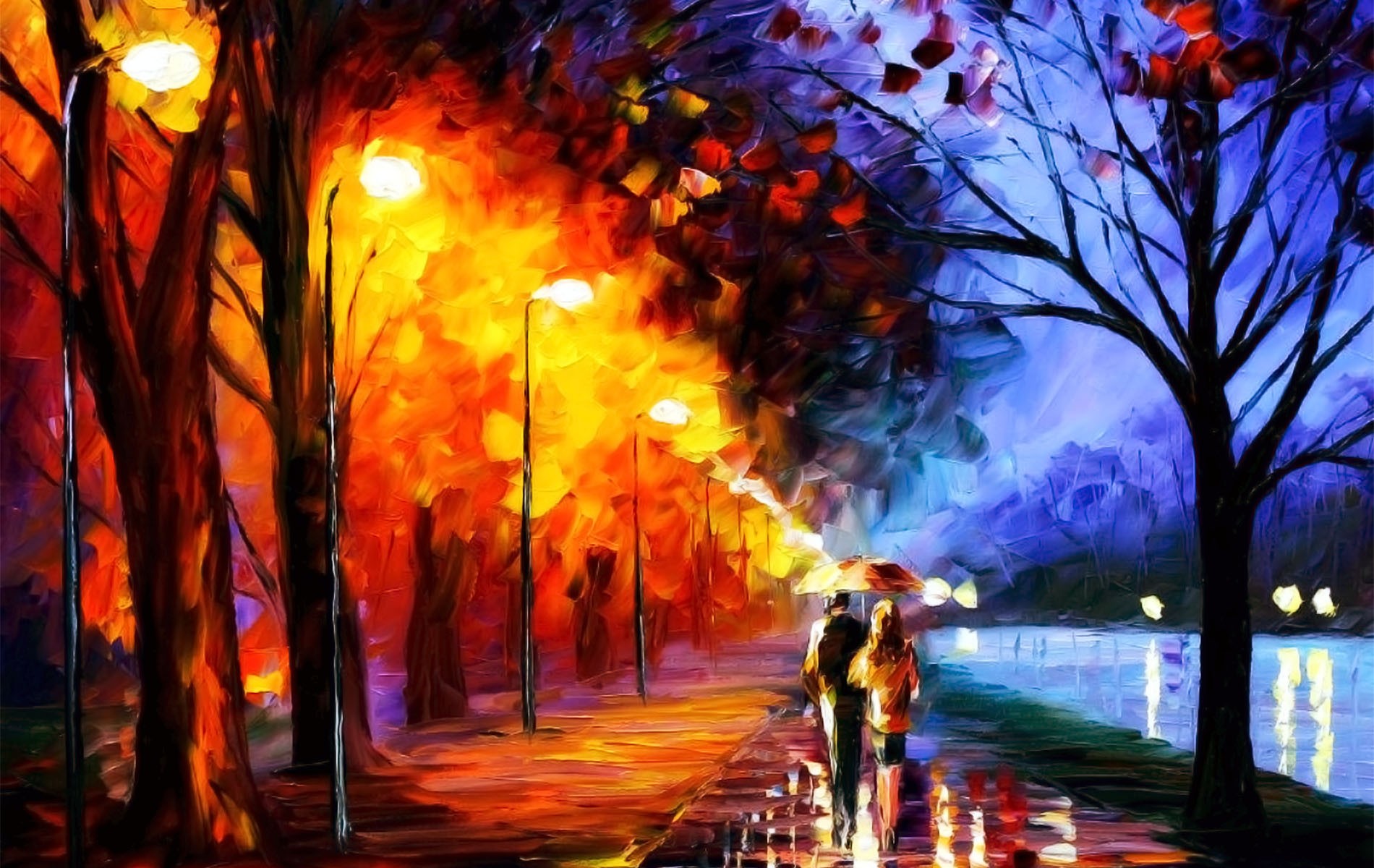 General 1900x1200 painting couple street light path artwork umbrella Leonid Afremov