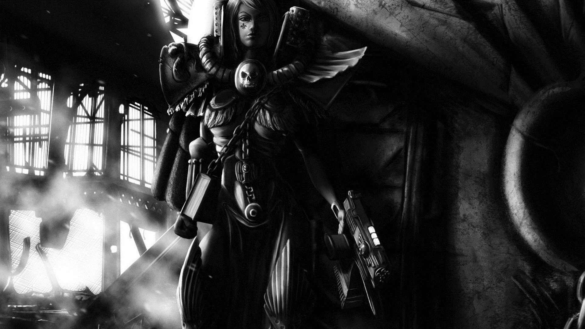 General 1920x1080 fantasy girl monochrome girls with guns looking at viewer armor standing weapon