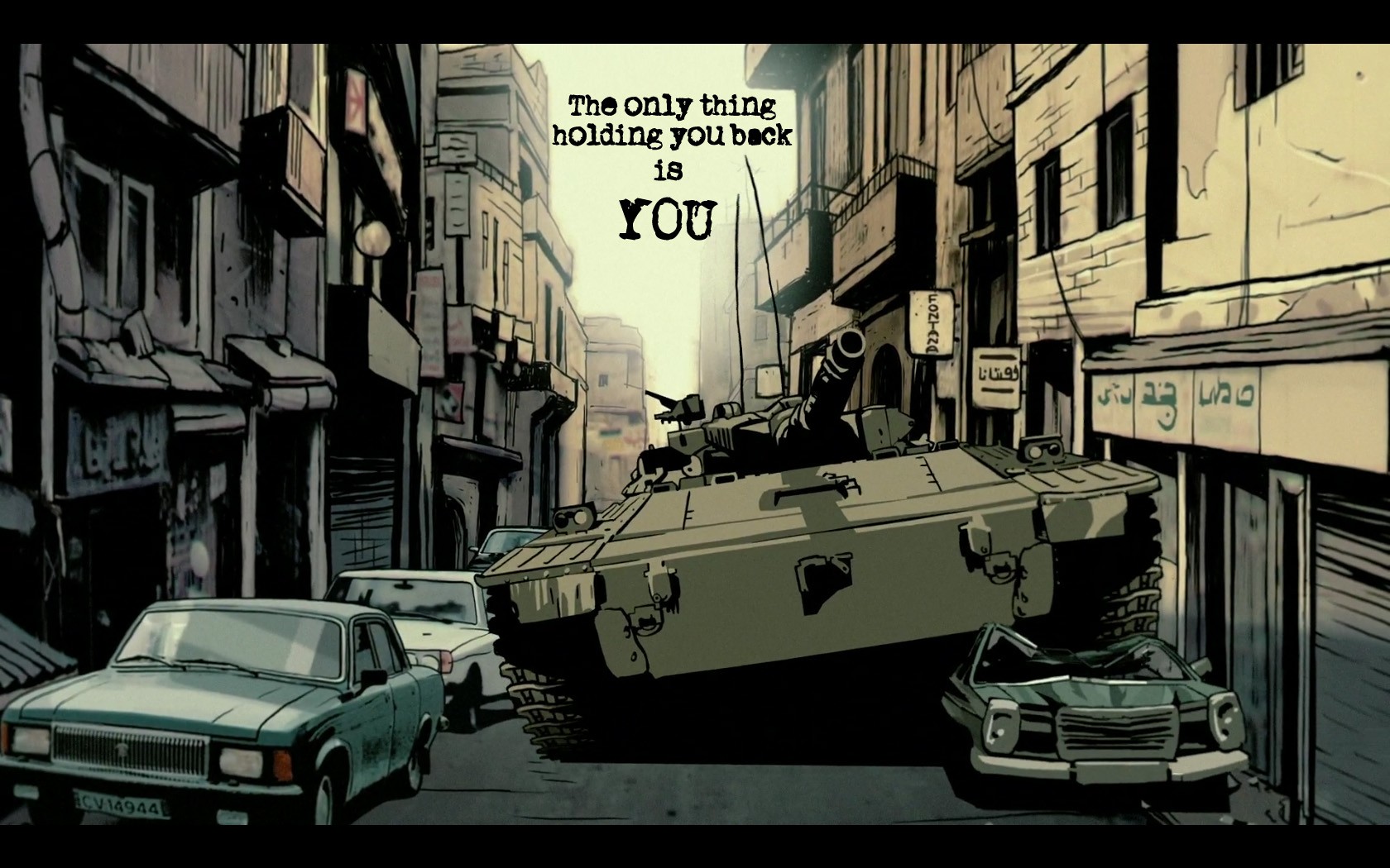 General 1680x1050 tank cartoon humor artwork typography beige frontal view destruction urban street car wreck Mercedes-Benz GAZ