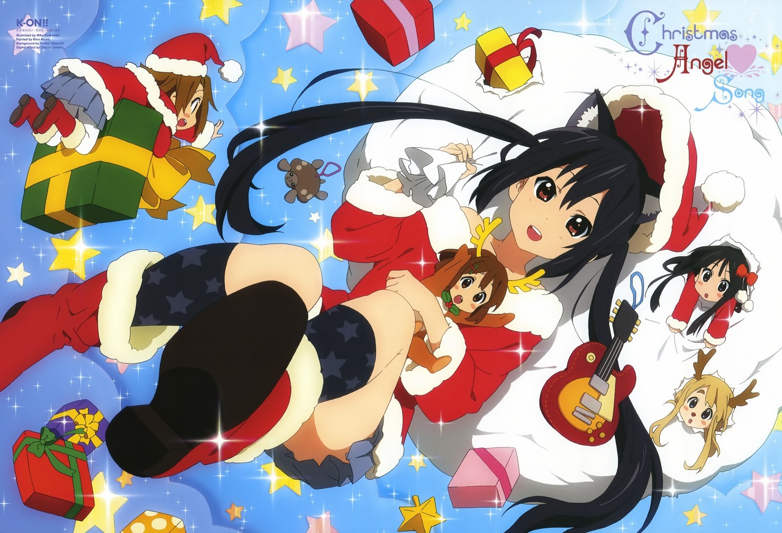 Anime 1600x1091 K-ON! Nakano Azusa Akiyama Mio Tainaka Ritsu Kotobuki Tsumugi Hirasawa Yui Christmas anime anime girls dark hair long hair Santa costume Santa hats