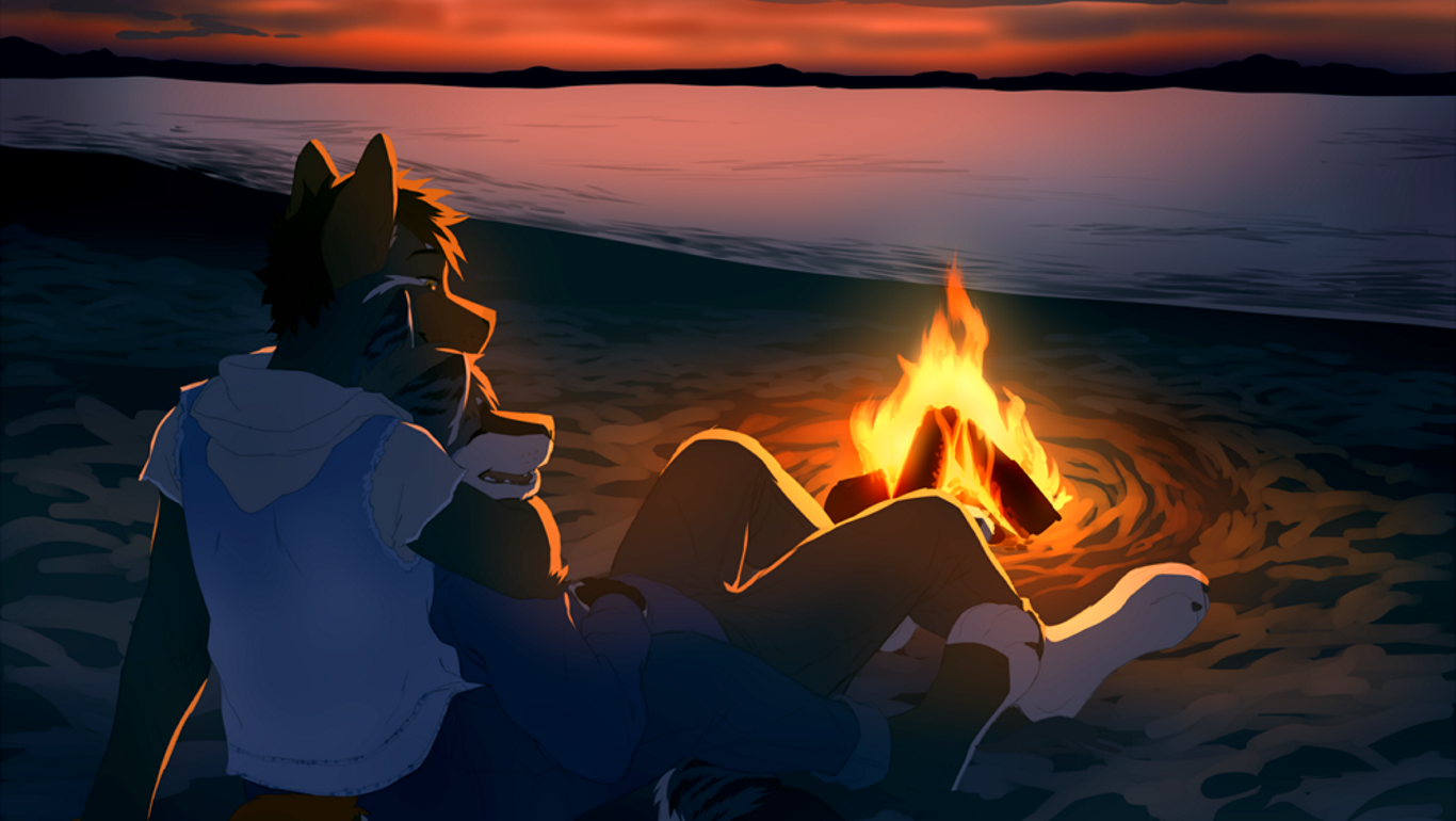Anime 1366x770 furry Anthro campfire