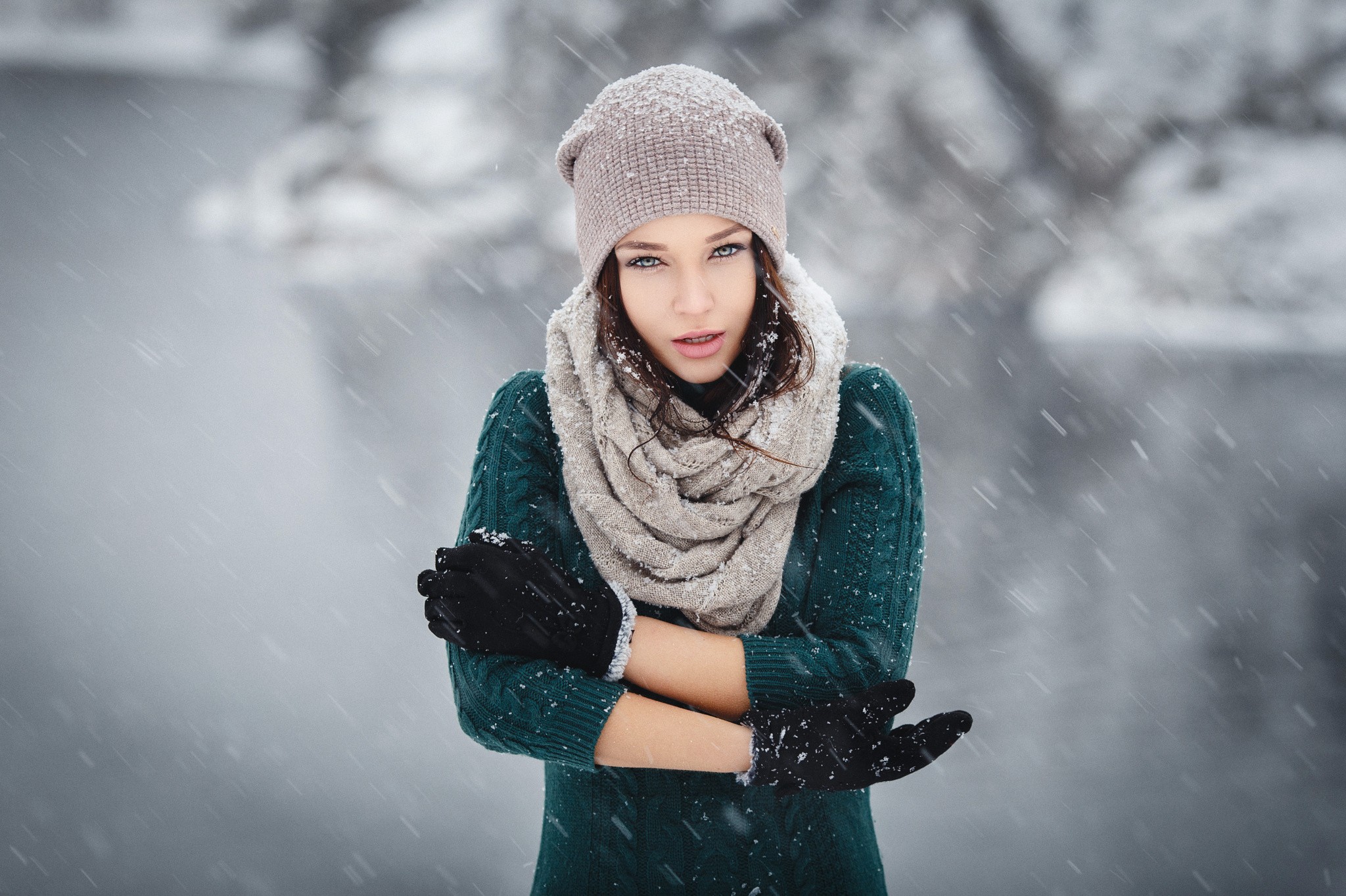 People 2048x1365 women brunette sweater scarf snow women outdoors portrait depth of field knit hat Angelina Petrova Denis Petrov winter model beanie black gloves cold outdoors looking at viewer parted lips woolly hat
