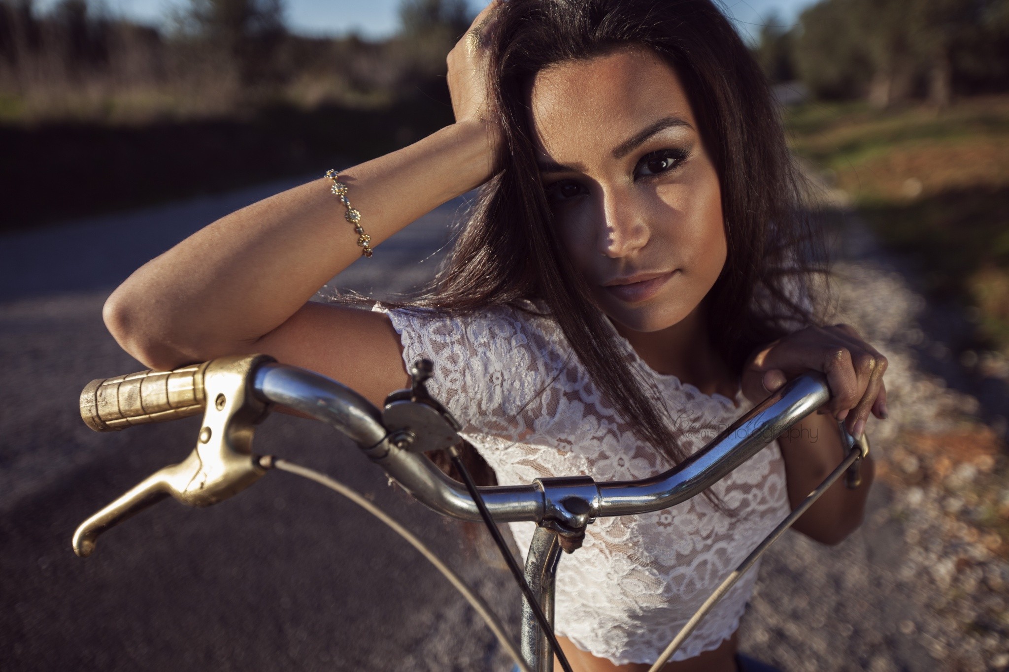 People 2048x1365 women face portrait hand(s) on head bicycle women with bicycles vehicle closeup women outdoors outdoors white clothing looking at viewer brunette