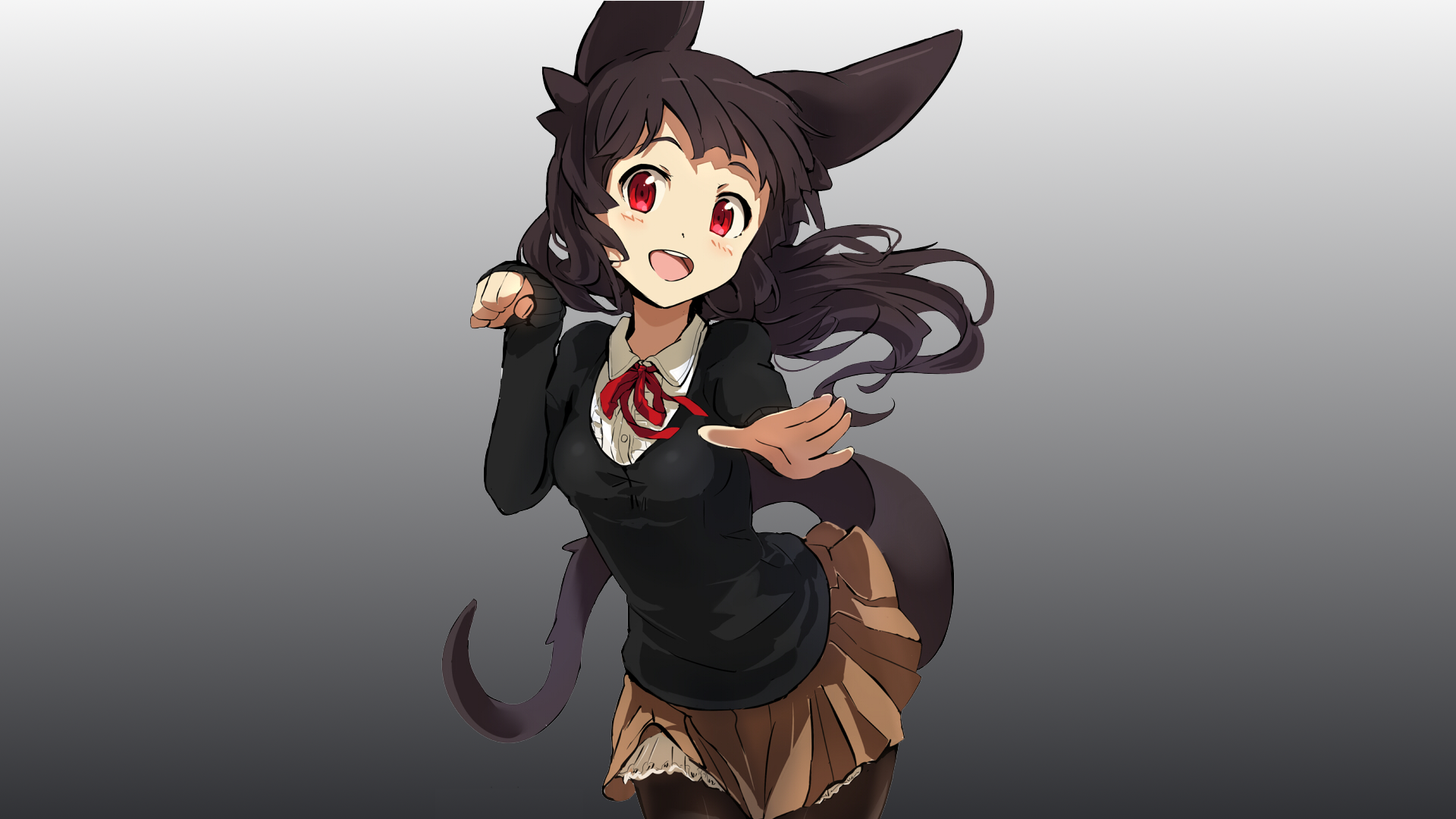 Anime 1920x1080 anime girls animal ears original characters tail red eyes open mouth gray background gradient simple background brunette long hair anime