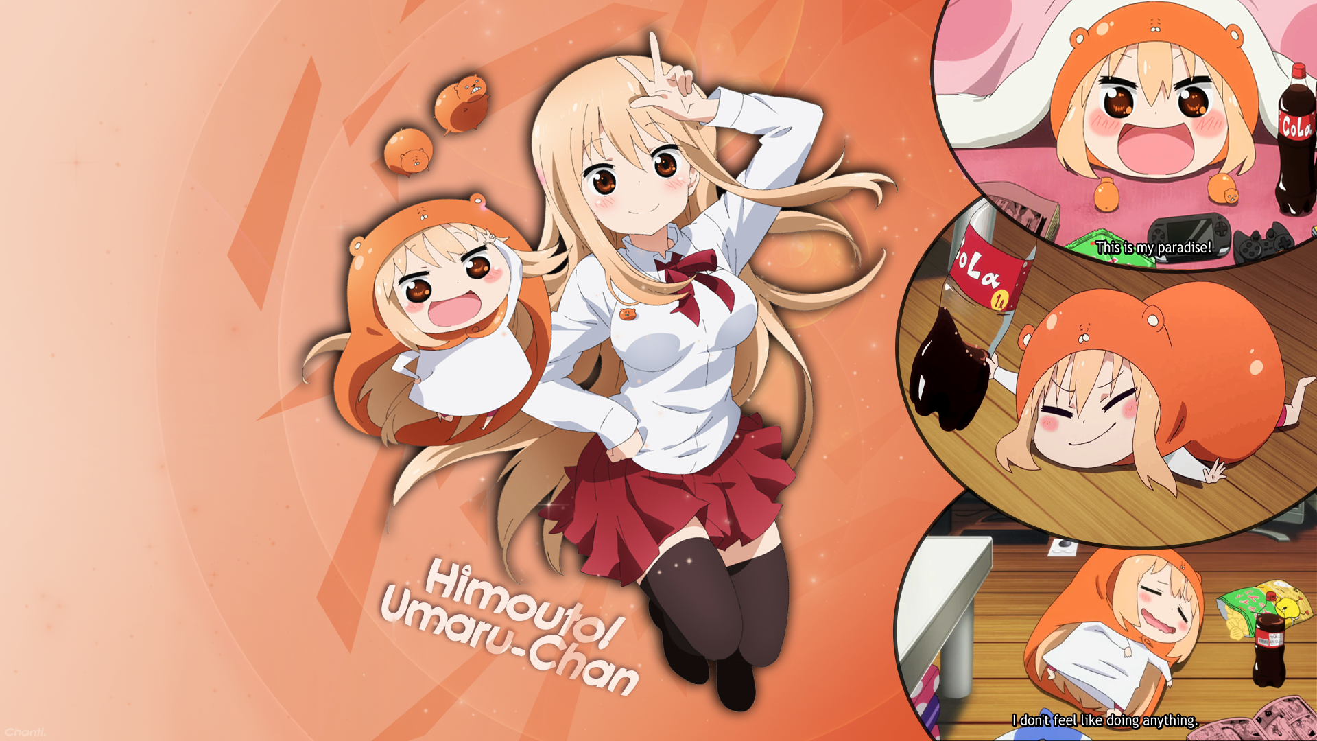 Anime 1920x1080 chibi thigh-highs anime girls Himouto! Umaru-chan anime smiling stockings skirt hand gesture