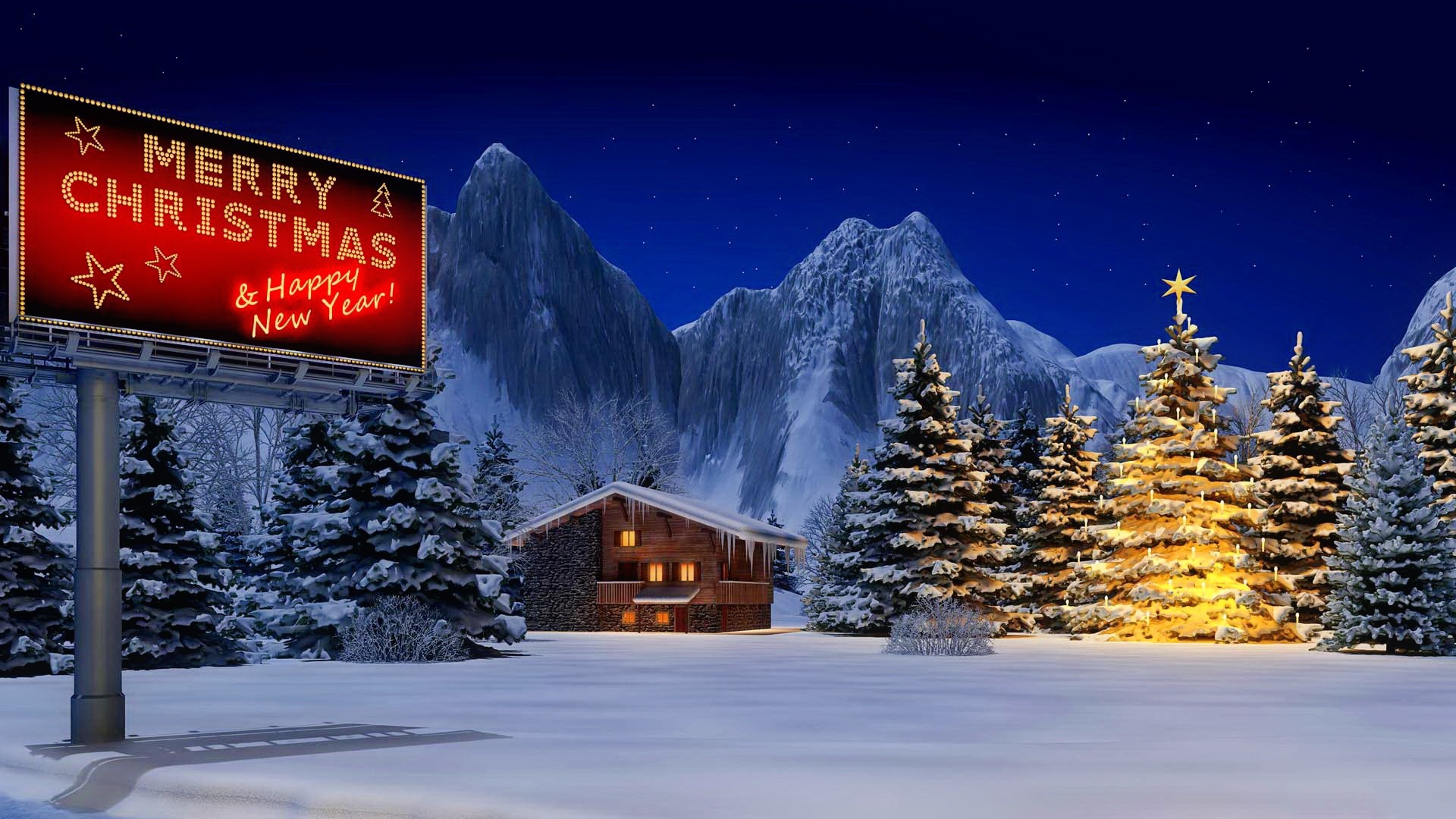 General 1920x1080 fir-tree typography digital art Christmas Christmas tree snow mountains sign house