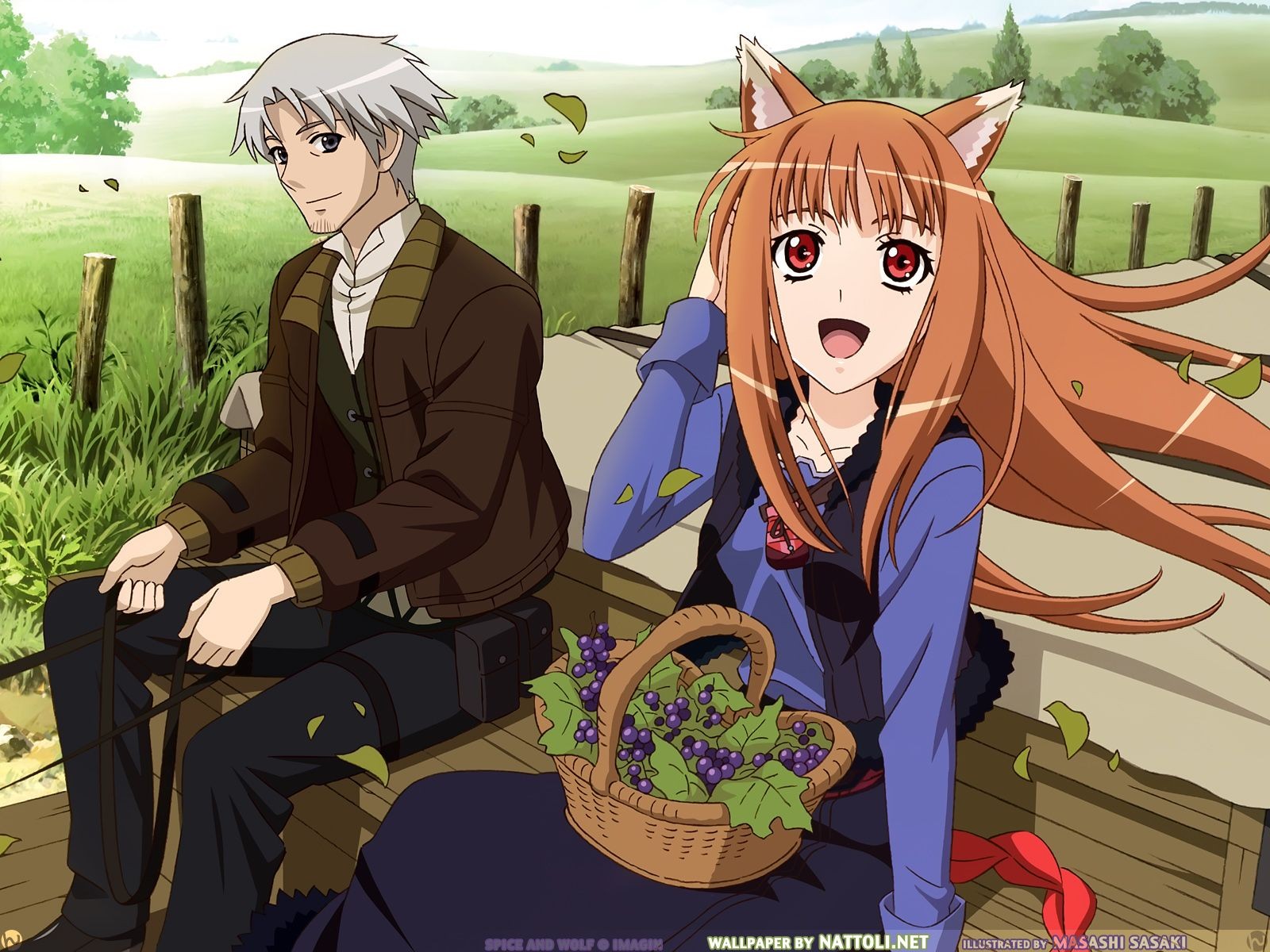 Anime 1600x1200 Holo (Spice and Wolf) Spice and Wolf Lawrence Kraft wolf girls carriage berries animal ears anime girls anime men anime baskets open mouth long hair red eyes