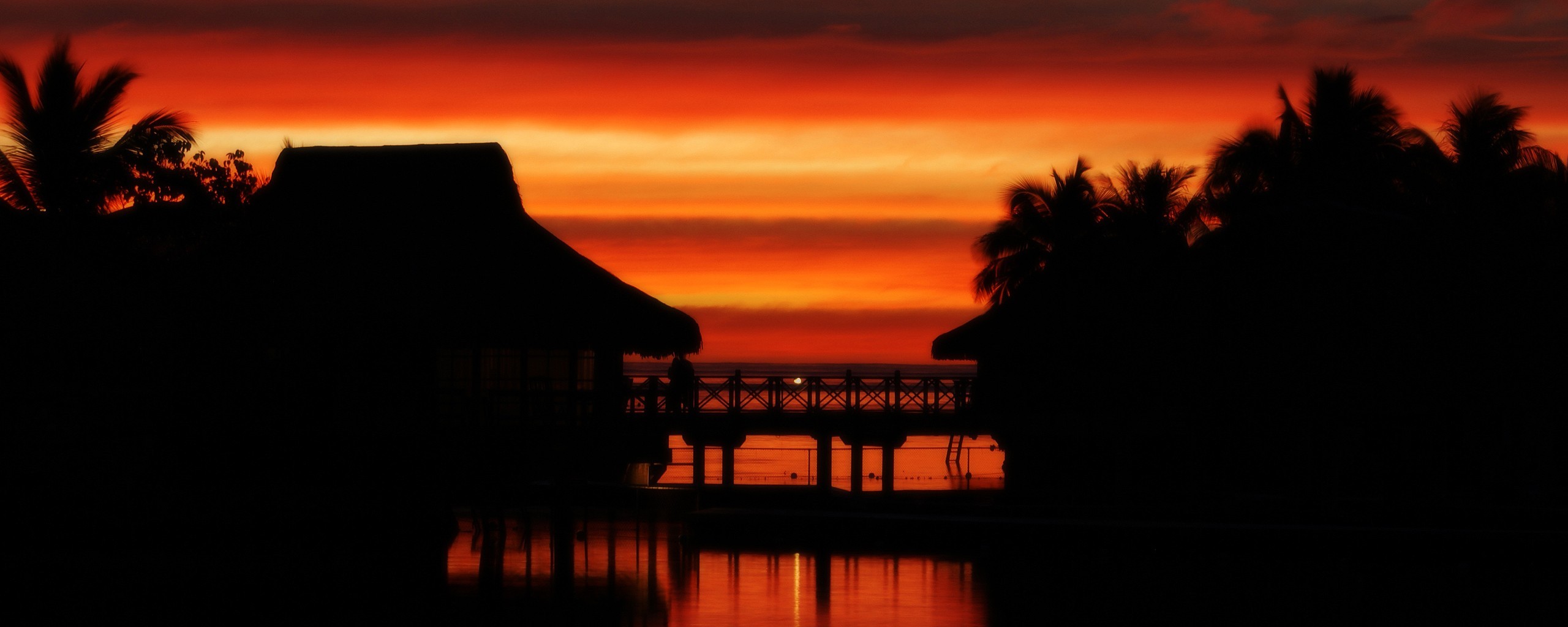 General 2560x1024 sunset silhouette tropical dusk purple sky palm trees resort bungalow orange sky sky sunlight dark outdoors