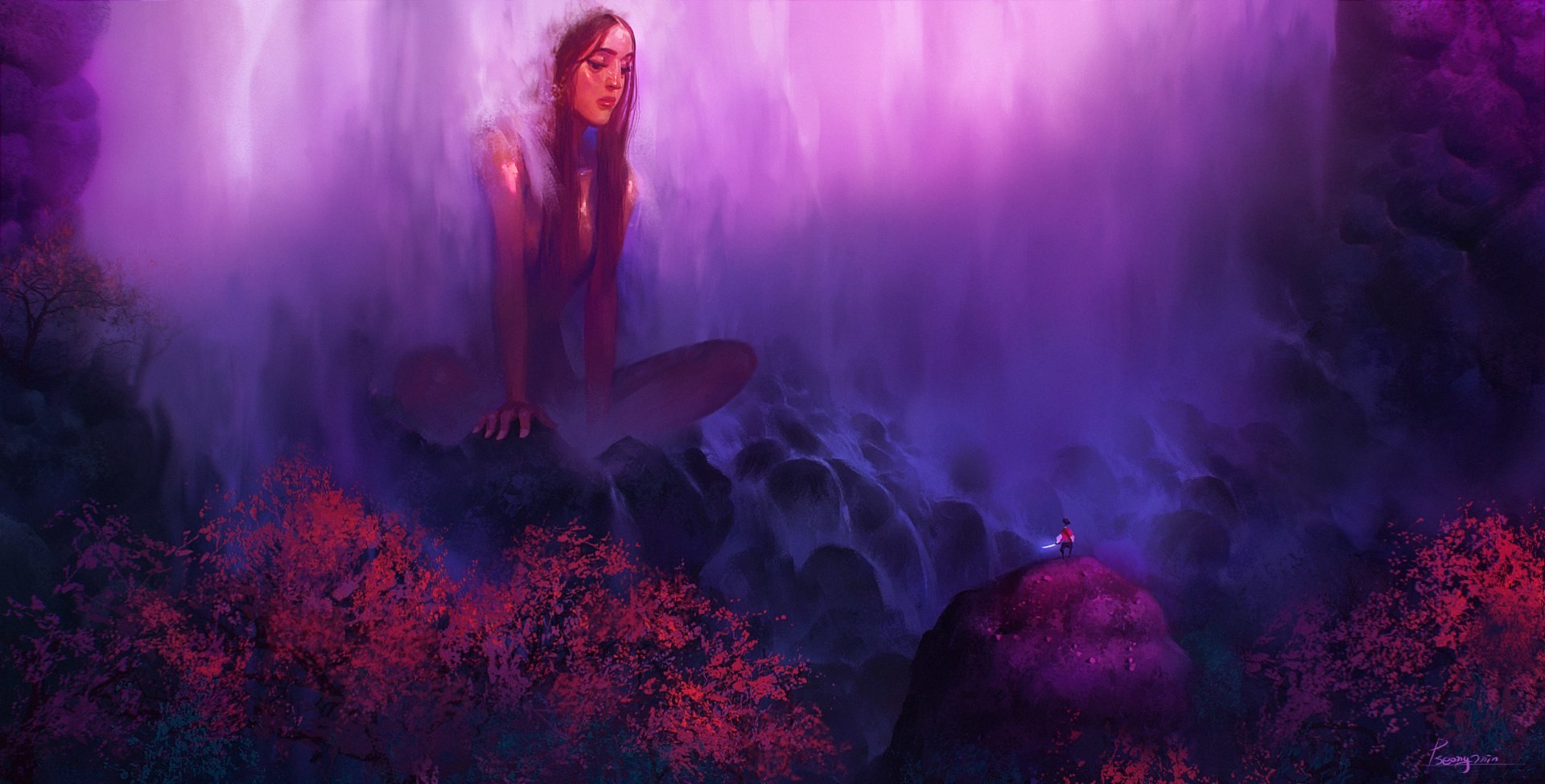 General 1920x975 fantasy art fantasy girl artwork women nature long hair redhead trees rocks watermarked