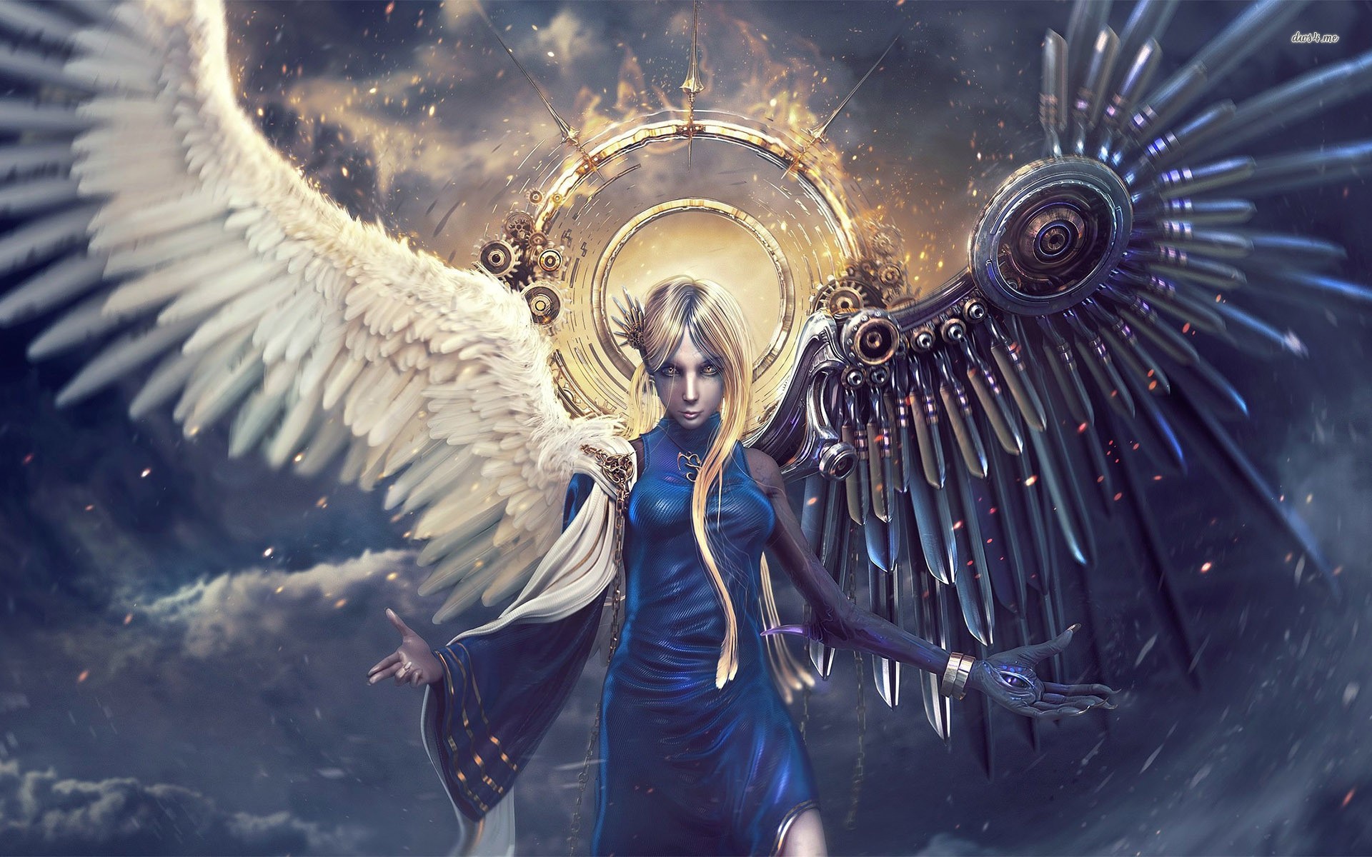 General 1920x1200 angel wings digital art long hair fantasy art fantasy girl women blonde blue dress dress blue clothing looking at viewer artwork