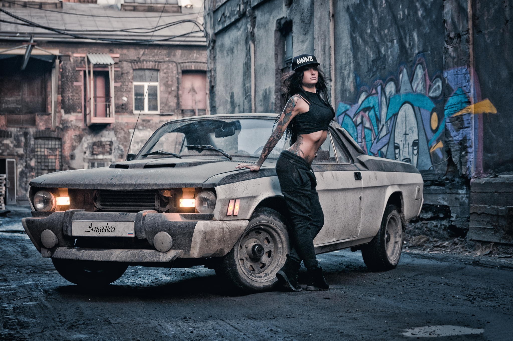People 2048x1360 car Angelica Anderson women women with cars GAZ graffiti tattoo bare midriff vehicle inked girls belly hat women with hats standing model coupé utility sweatpants dirt dirty pickup trucks