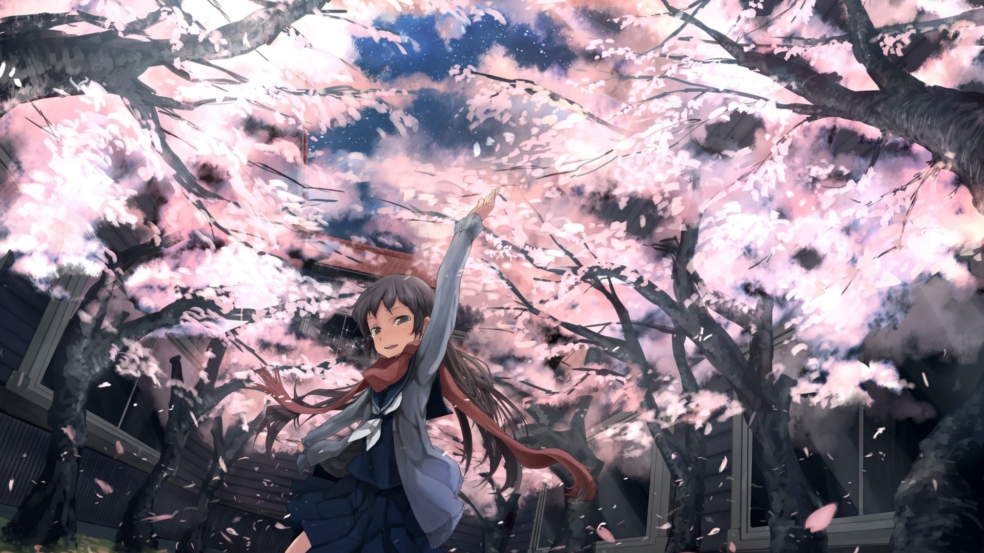 Anime 1920x1080 anime girls anime trees arms up dark hair long hair cherry blossom women outdoors scarf