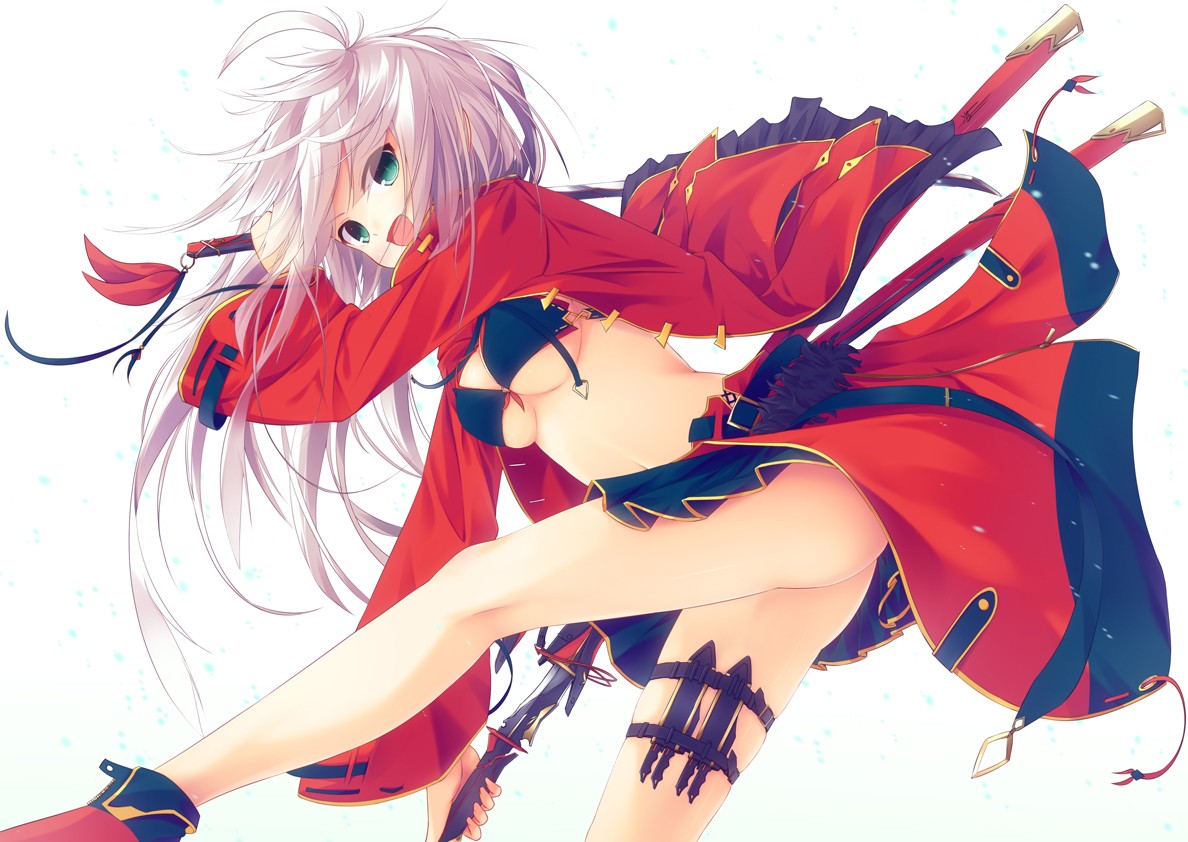 Anime 1188x842 anime girls anime legs long hair bra cleavage weapon knife sword open clothes Nagishiro Mito white background ass open mouth