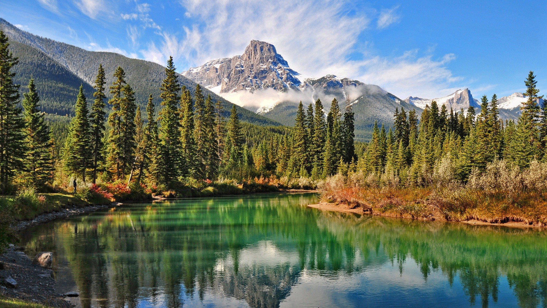 General 1920x1080 lake forest mountains Canada summer snowy peak green grass water clouds nature landscape river