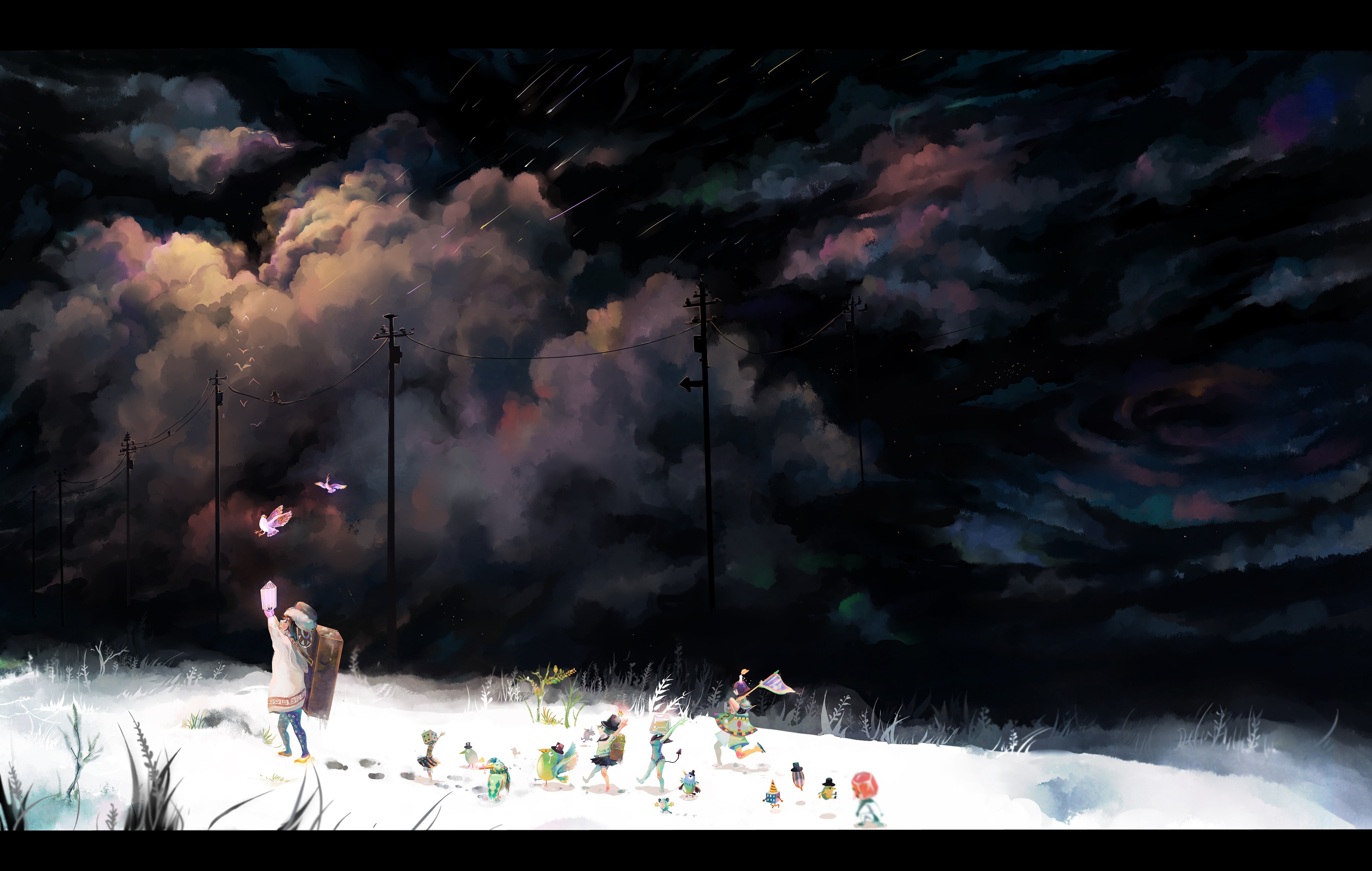 Anime 3905x2480 fantasy art watercolor clouds pigeons sky power lines anime