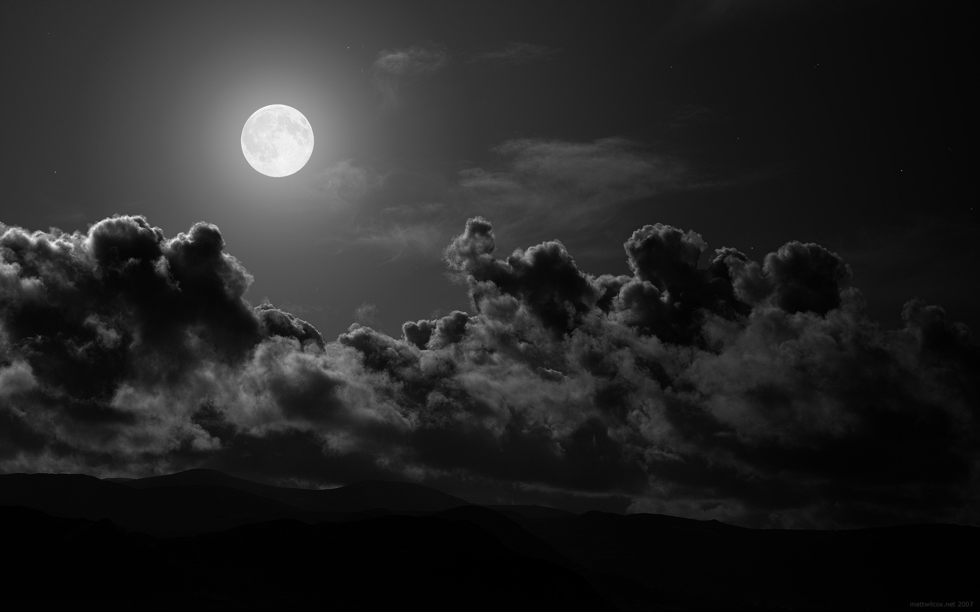 General 1920x1200 dark monochrome clouds Moon night moonlight sky nature digital art hills landscape full moon