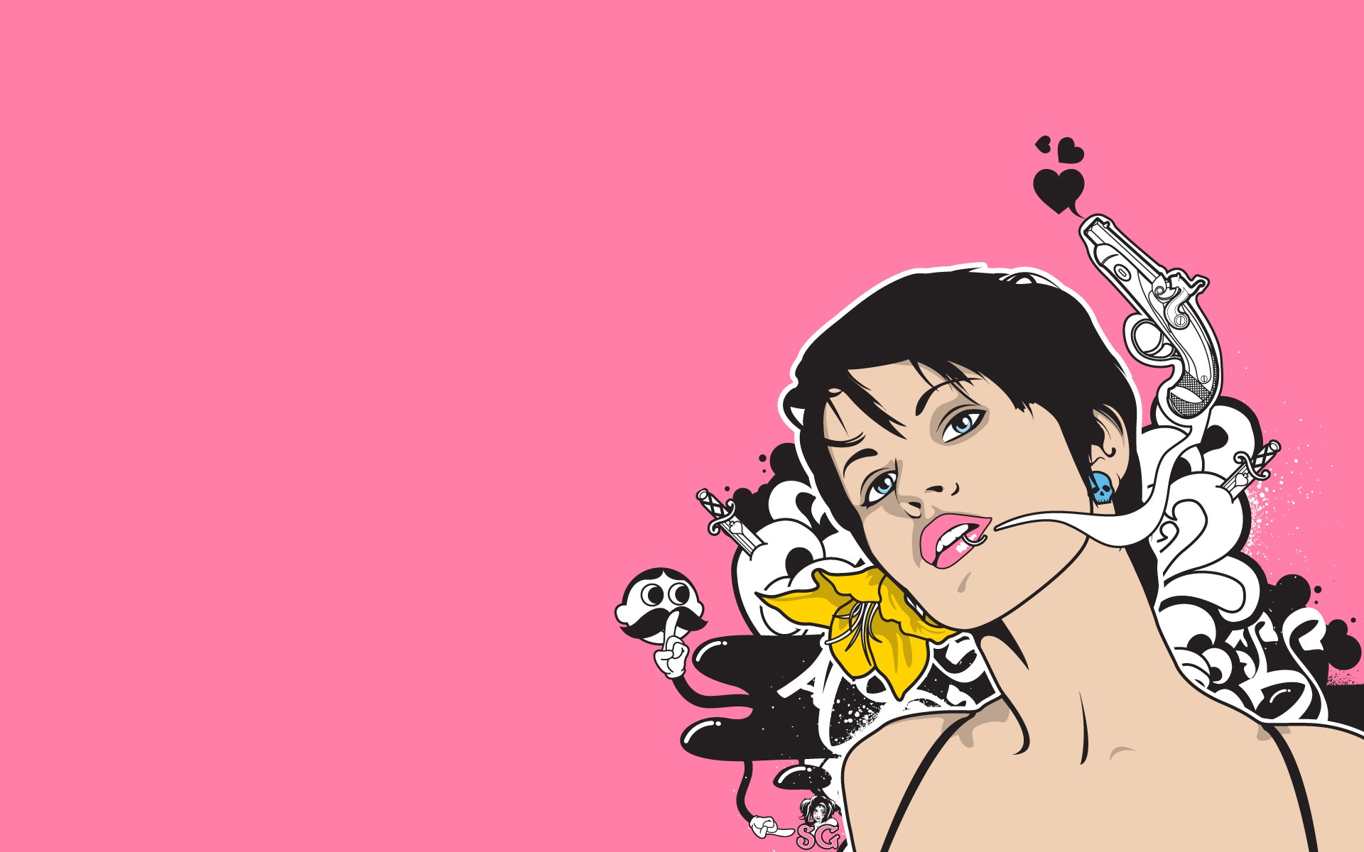 General 1920x1200 artwork simple background women gun pink background pink lipstick pierced lip black hair weapon