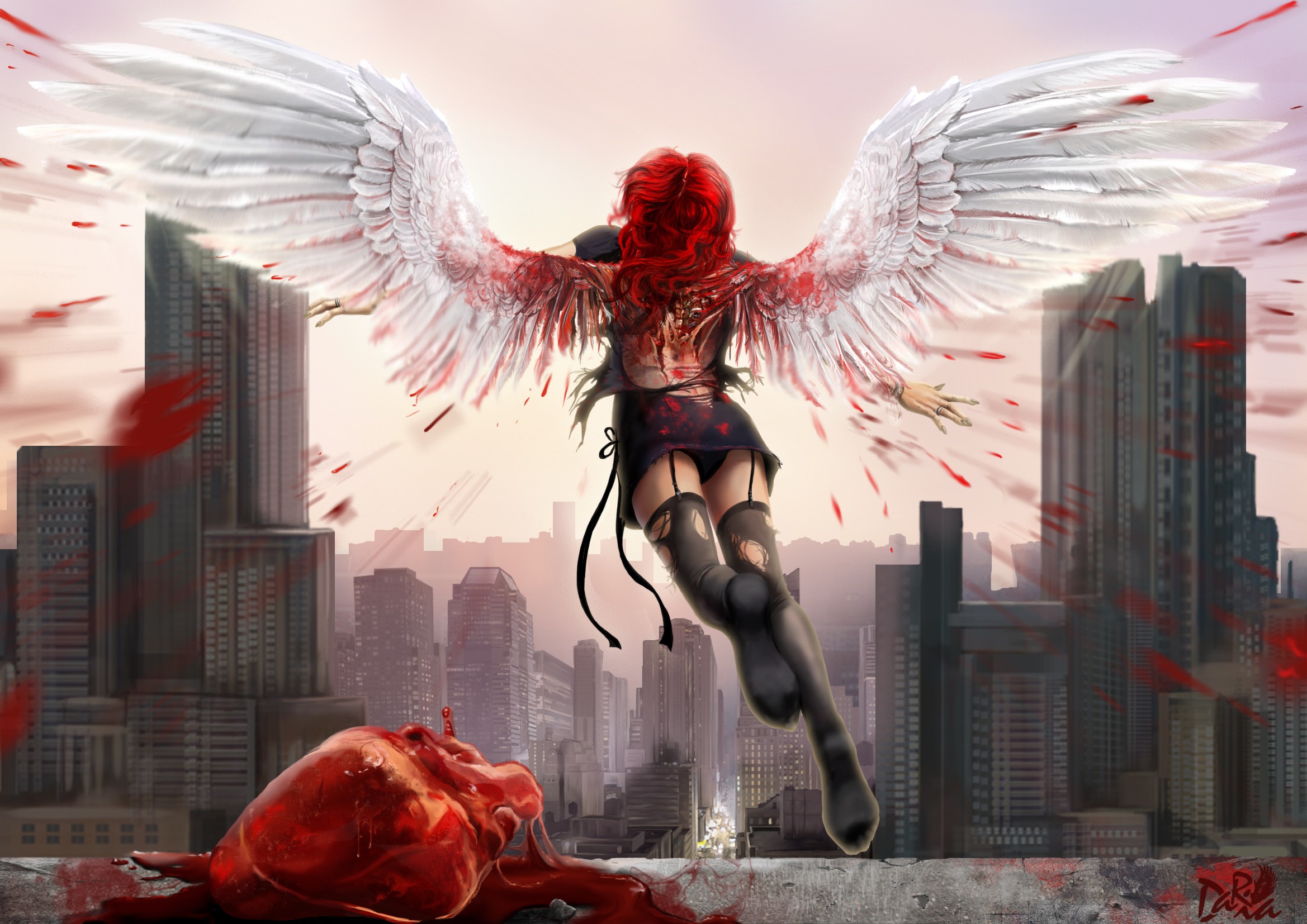 General 2338x1654 blood wings jumping women panties fantasy art redhead fantasy girl cityscape gore
