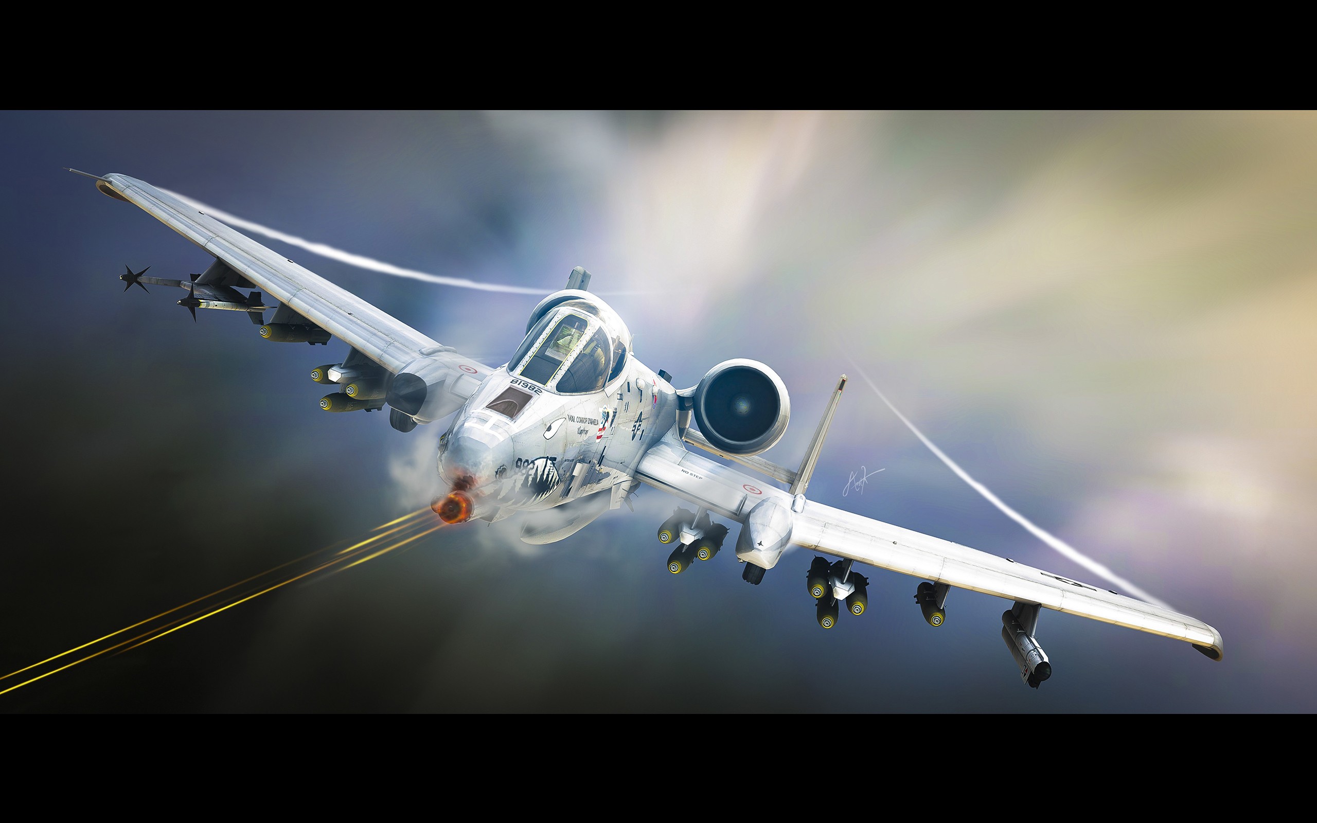 General 2560x1600 Fairchild Republic A-10 Thunderbolt II aircraft military aircraft military military vehicle vehicle American aircraft artwork frontal view signature clouds sky pilot flying missiles Star Atlas