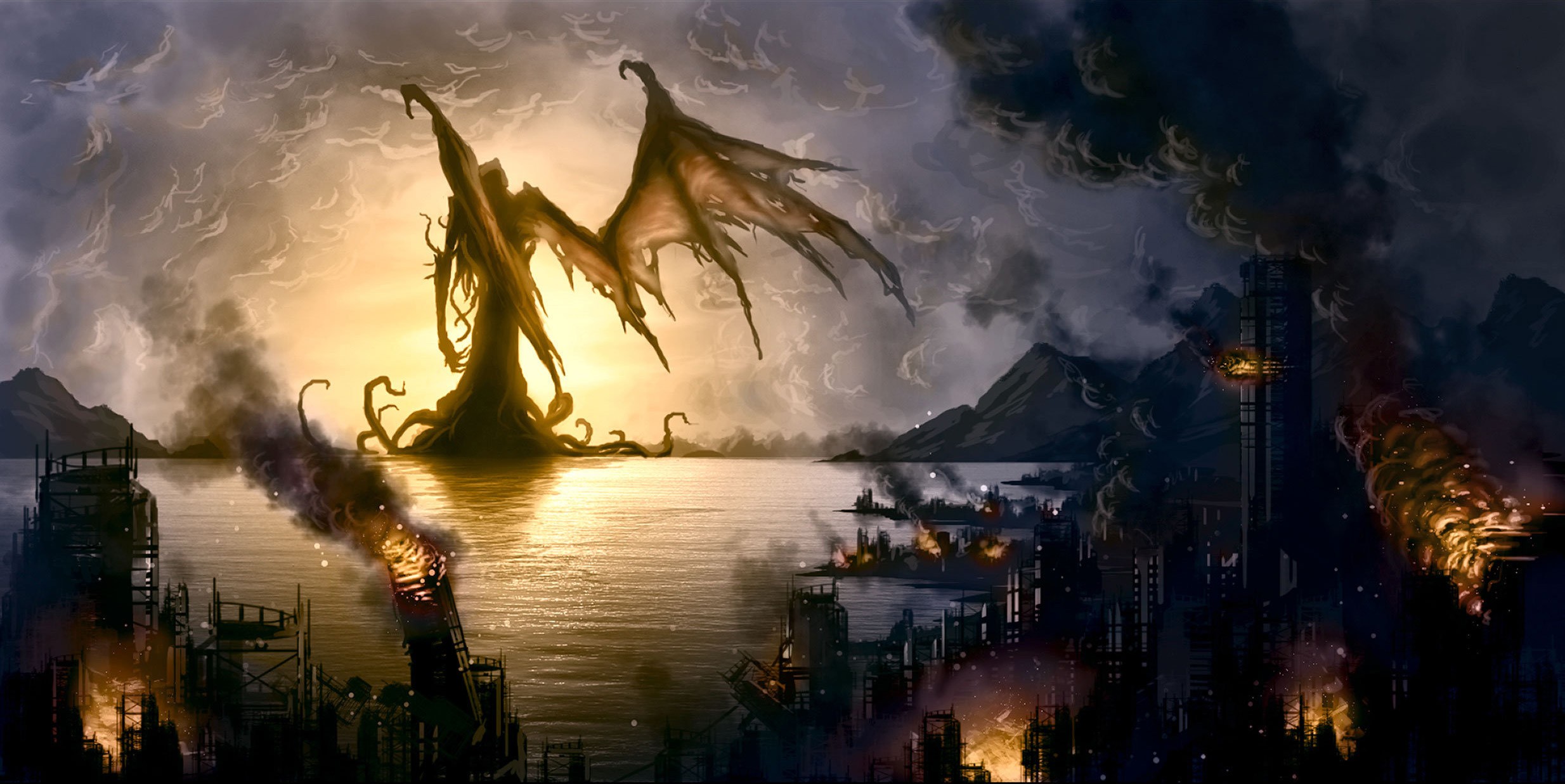 General 2468x1237 fantasy art demon destruction Cthulhu sea