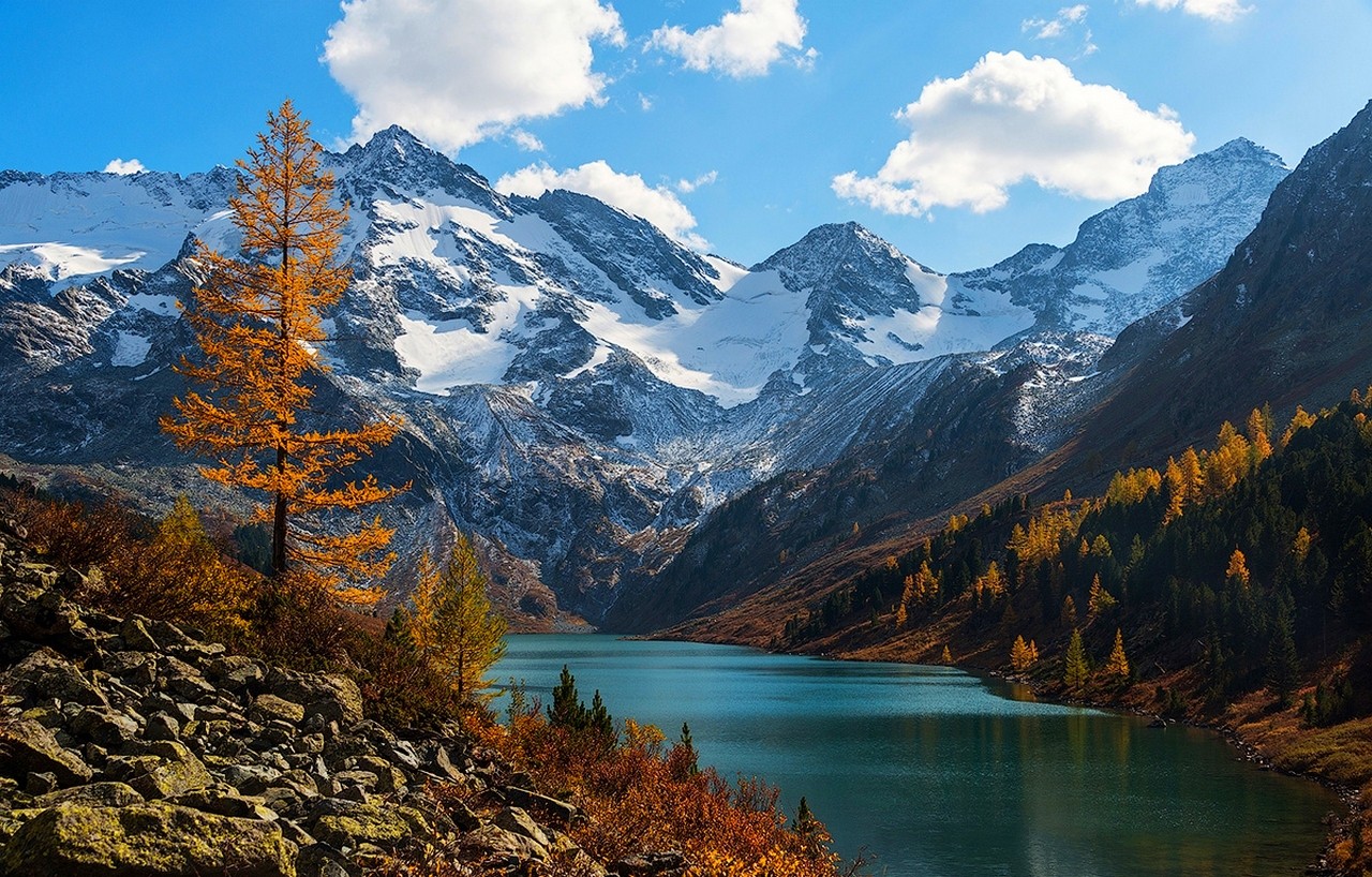 General 1280x818 nature mountains lake snow fall Altai Mountains snowy peak landscape forest Russia clouds trees green water orange white blue Mongolia
