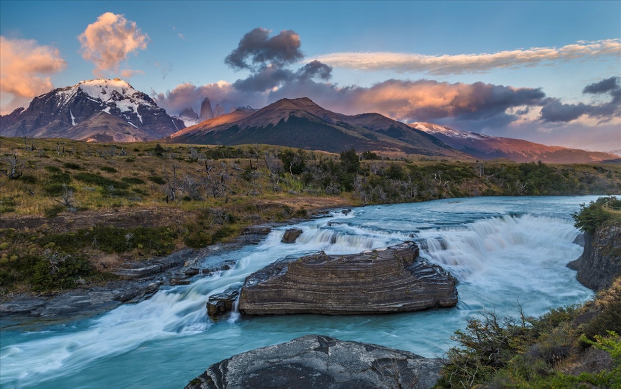 General 1226x768 river waterfall Torres del Paine Chile mountains shrubs snowy peak clouds sunset nature landscape South America