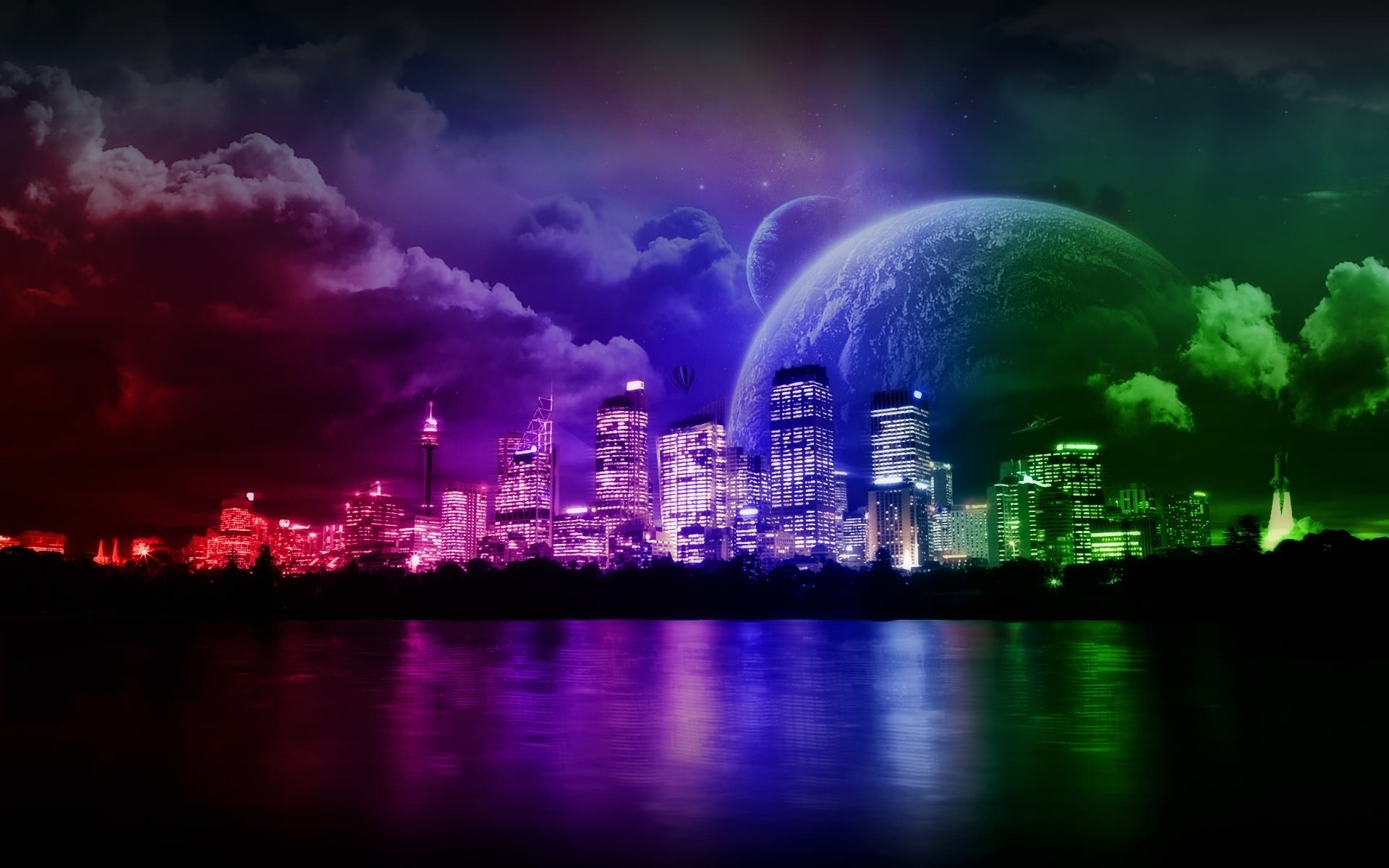 General 1920x1200 colorful digital art sky planet skyline cityscape city lights