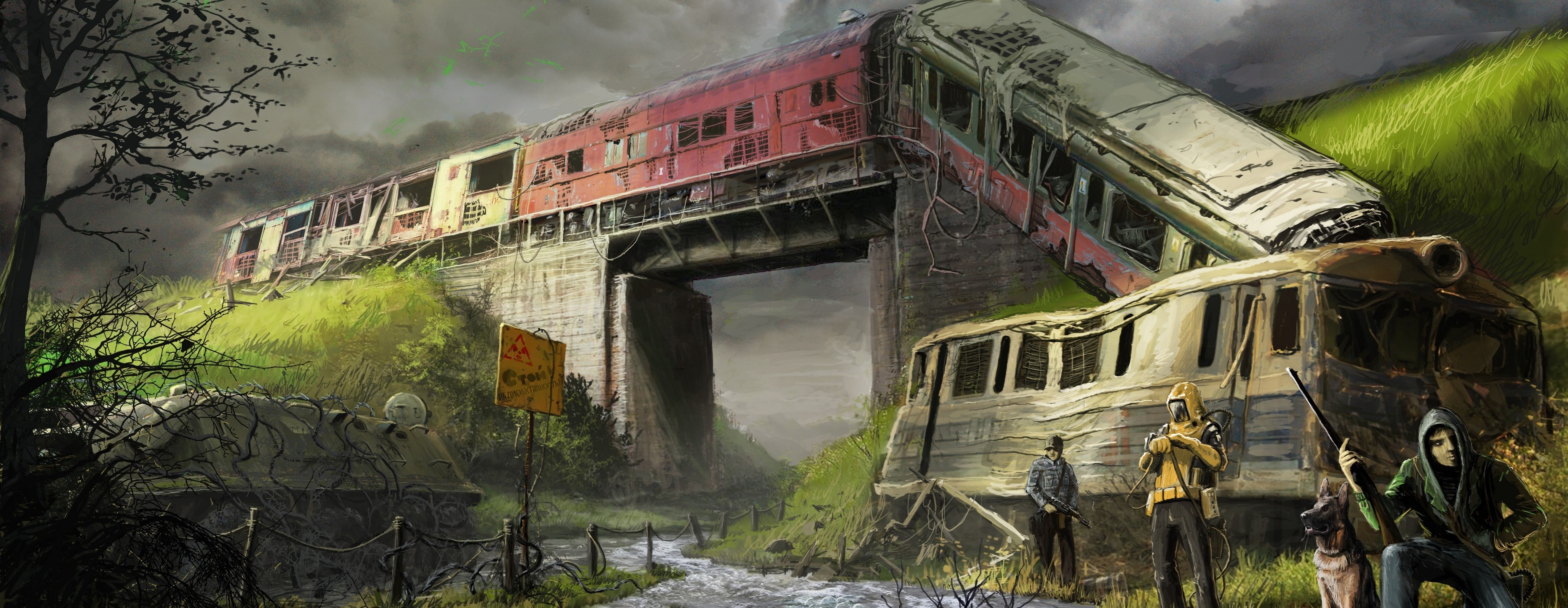 General 3897x1512 artwork apocalyptic train vehicle wreck futuristic