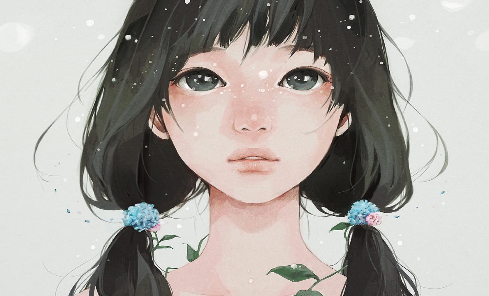 Anime 1980x1200 drawing face children anime girls portrait flowers plants leaves dark hair dark eyes looking at viewer simple background white background