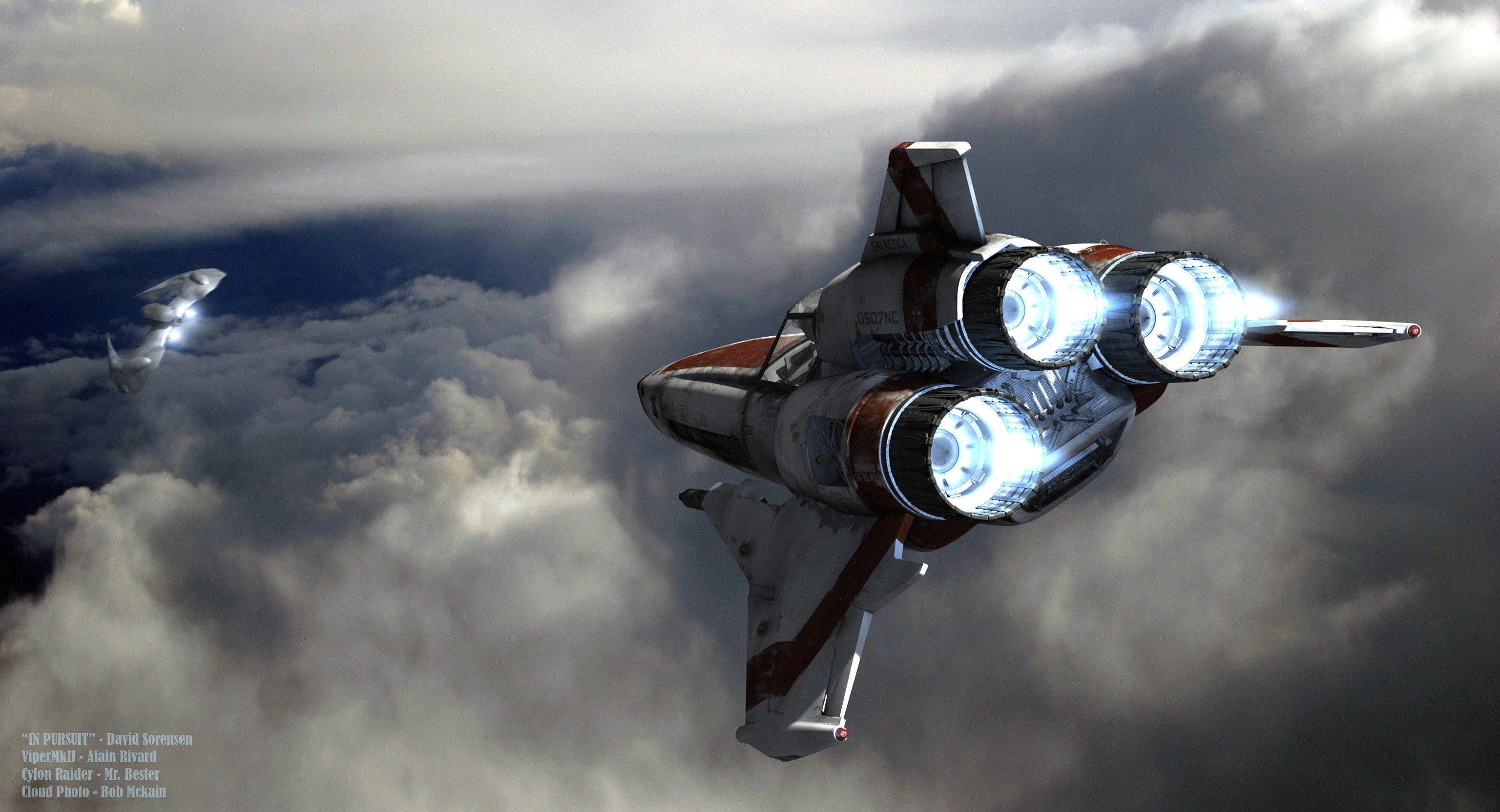 General 3072x1664 Battlestar Galactica spaceship digital art science fiction space Cylons futuristic clouds sky TV series vehicle