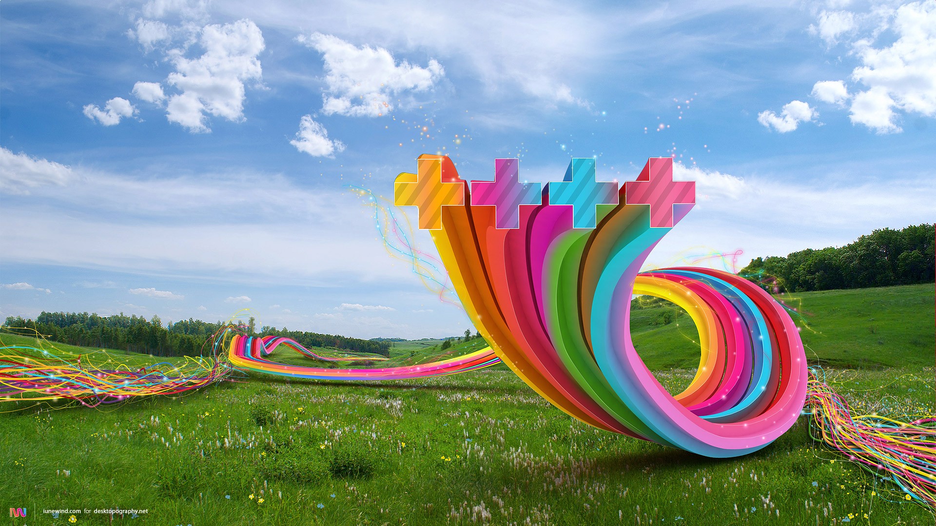 General 1920x1080 colorful grass sky digital art lines shapes swirls
