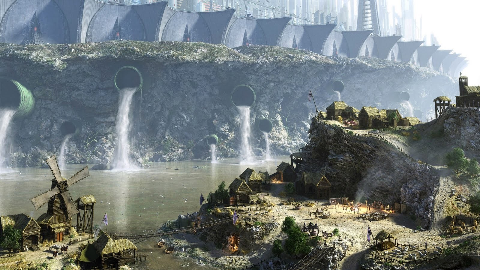 General 1600x900 landscape medieval waterfall fortress matte painting futuristic city