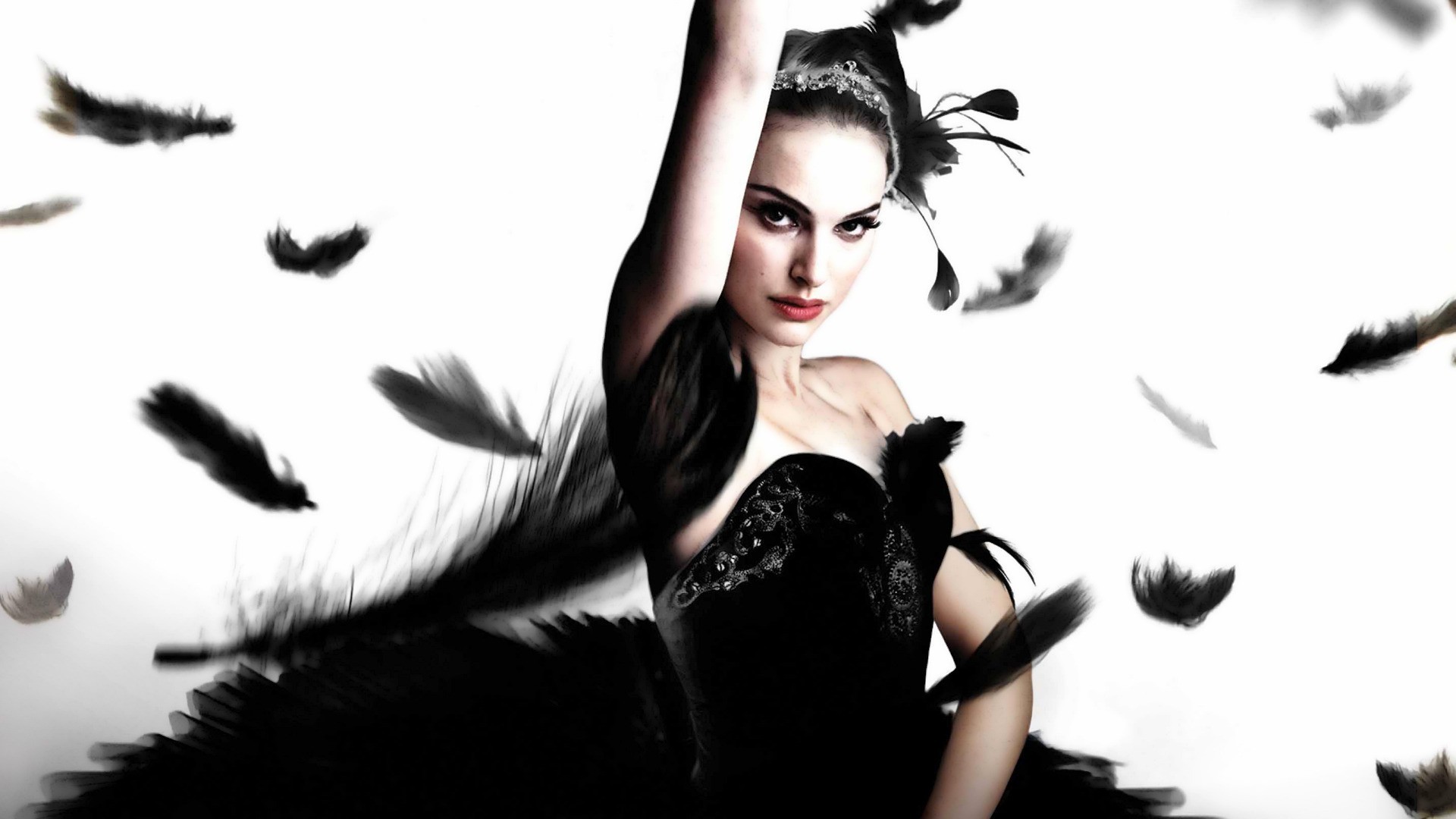 People 1920x1080 movies Natalie Portman Black Swan feathers women black white smoky eyes actress celebrity simple background white background arms up ballet