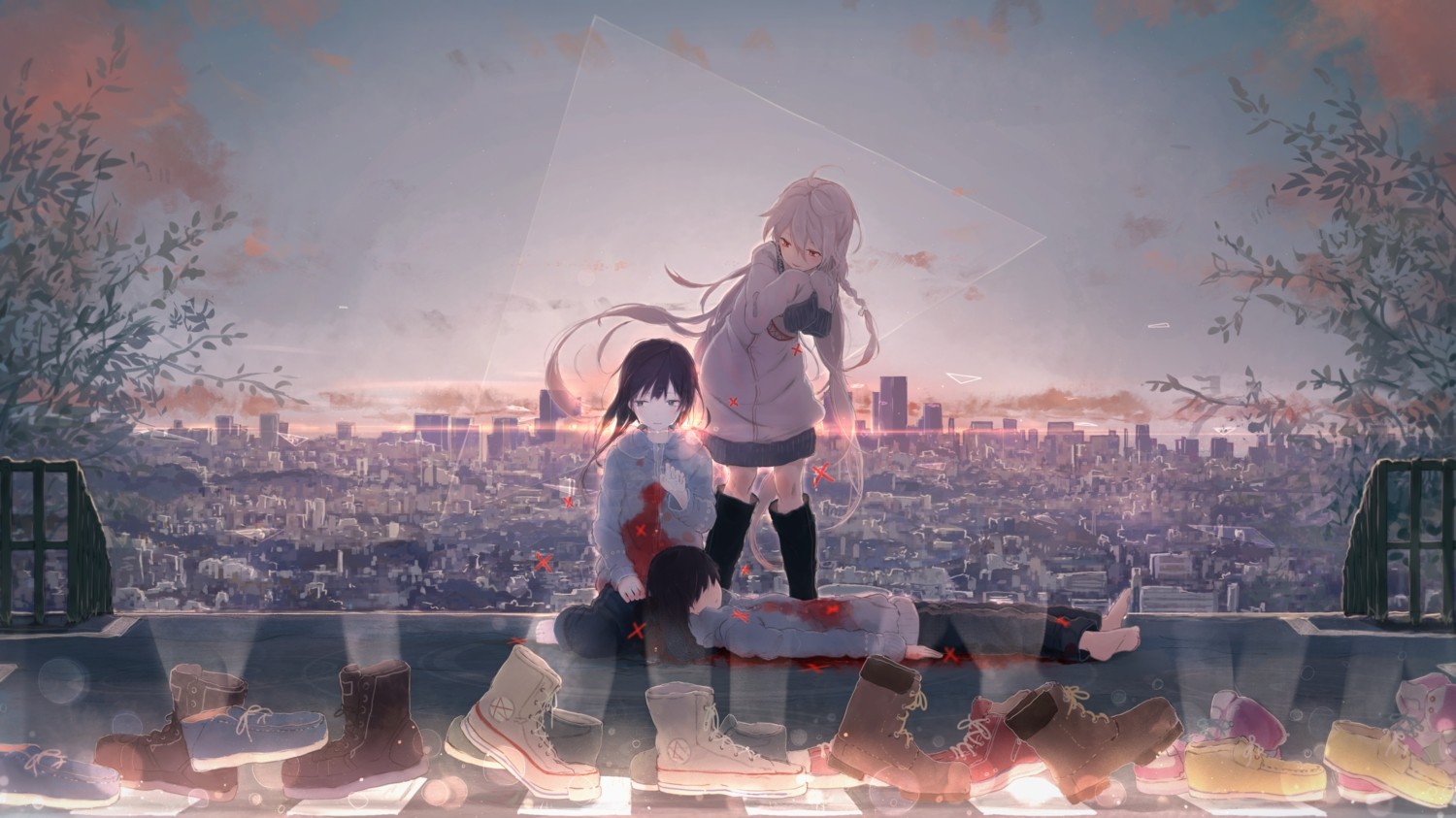 Anime 1500x843 anime girls blood anime shoes cityscape dark hair standing sitting outdoors Yushika two women women outdoors