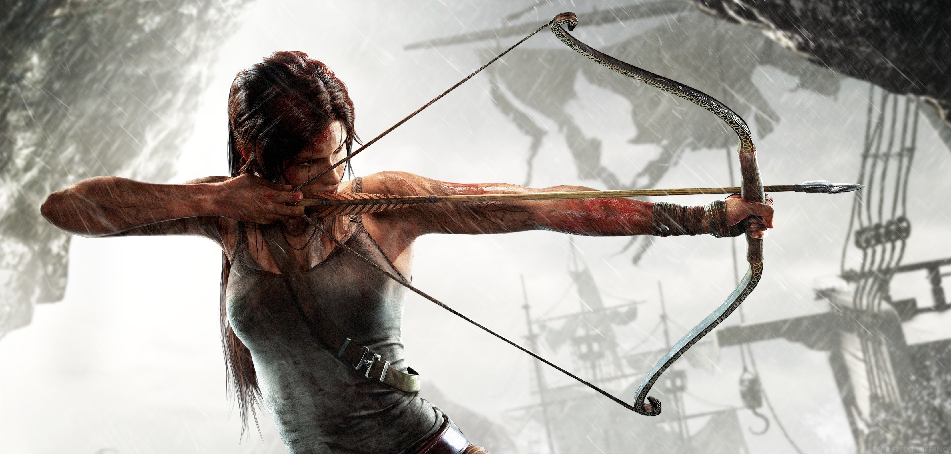 General 3327x1590 video games Tomb Raider video game art bow wounds blood video game girls weapon arrows aiming long hair Lara Croft (Tomb Raider) video game characters bow and arrow