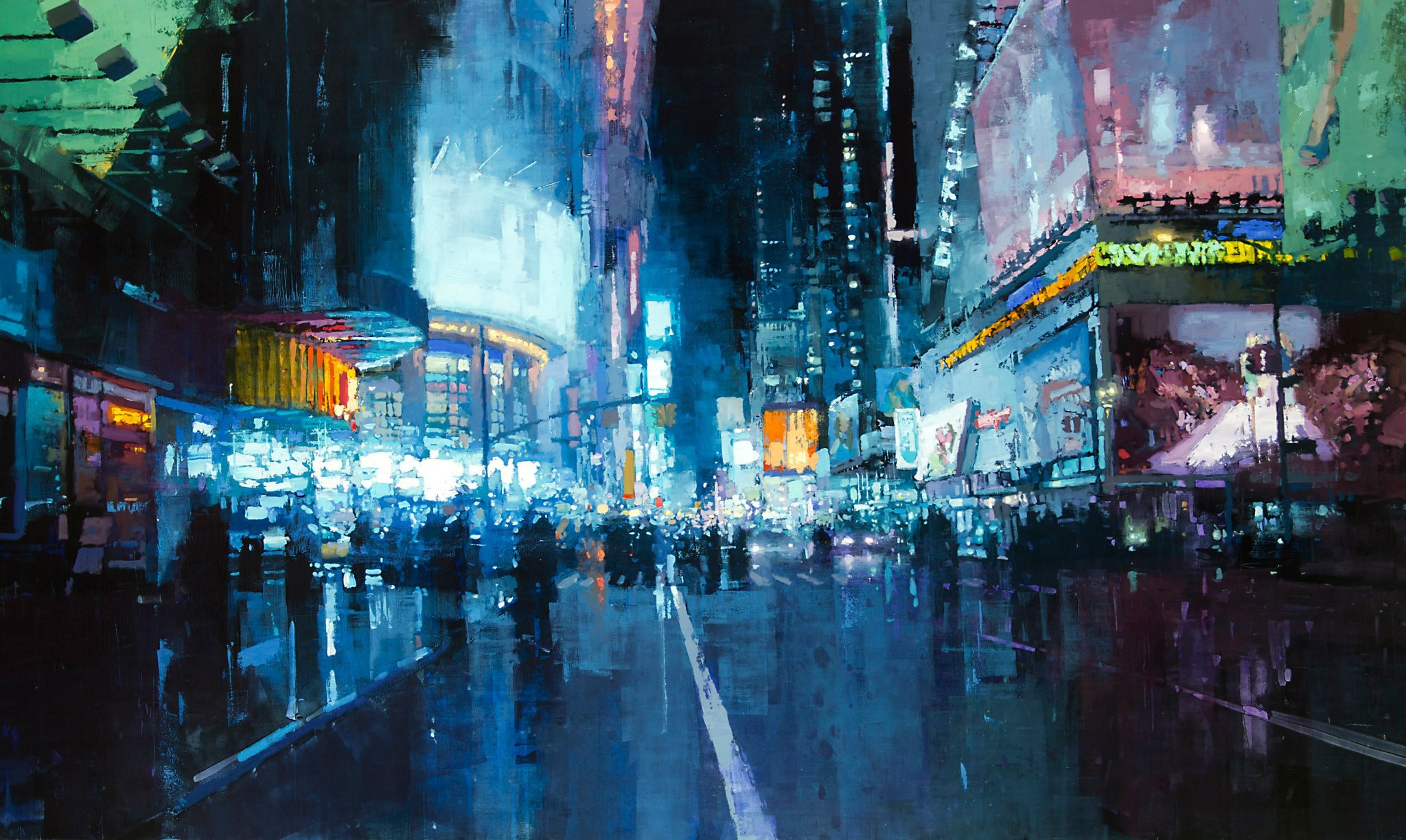 General 2048x1224 artwork city road lights painting Times Square New York City USA night cyan wet street