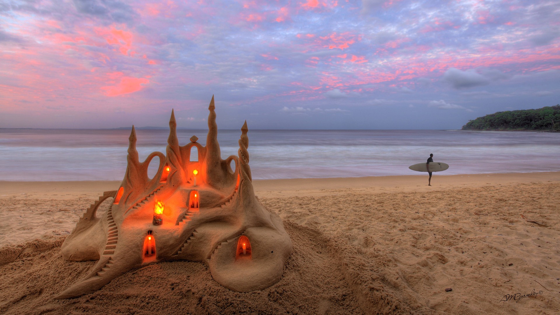 General 1920x1080 castle nature trees forest sand beach tower candles surfers sea sunset horizon clouds