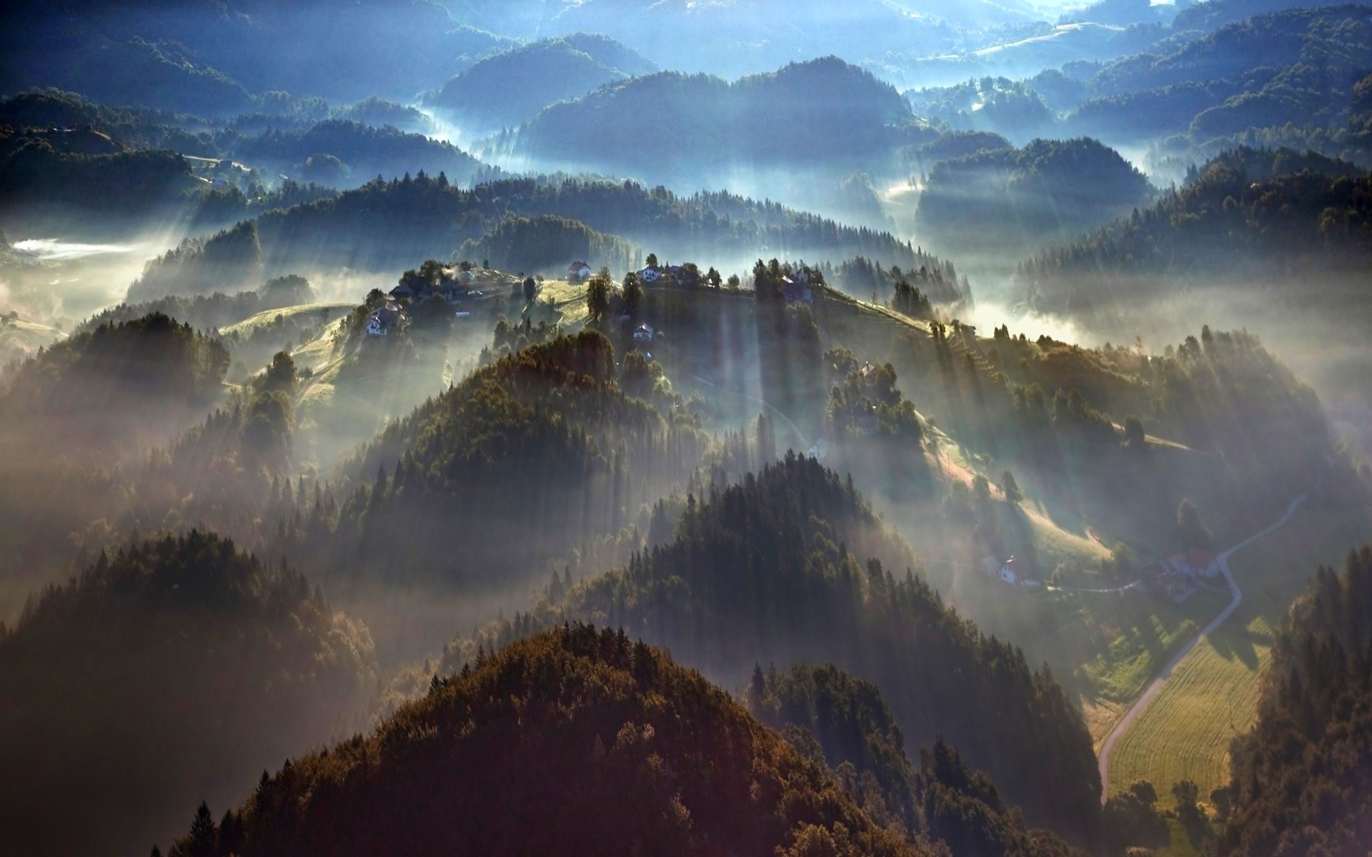 General 1920x1200 nature landscape mist forest trees morning sunbeams aerial view village hills
