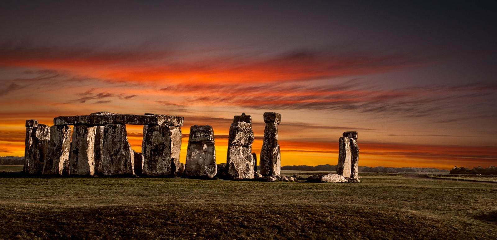 General 1600x773 nature landscape fire stones sunset Stonehenge  monuments England prehistoric field clouds yellow red landmark World Heritage Site Europe
