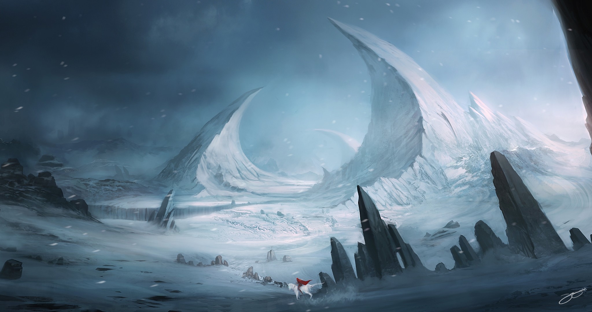 General 2047x1080 fantasy art landscape red winter ice artwork