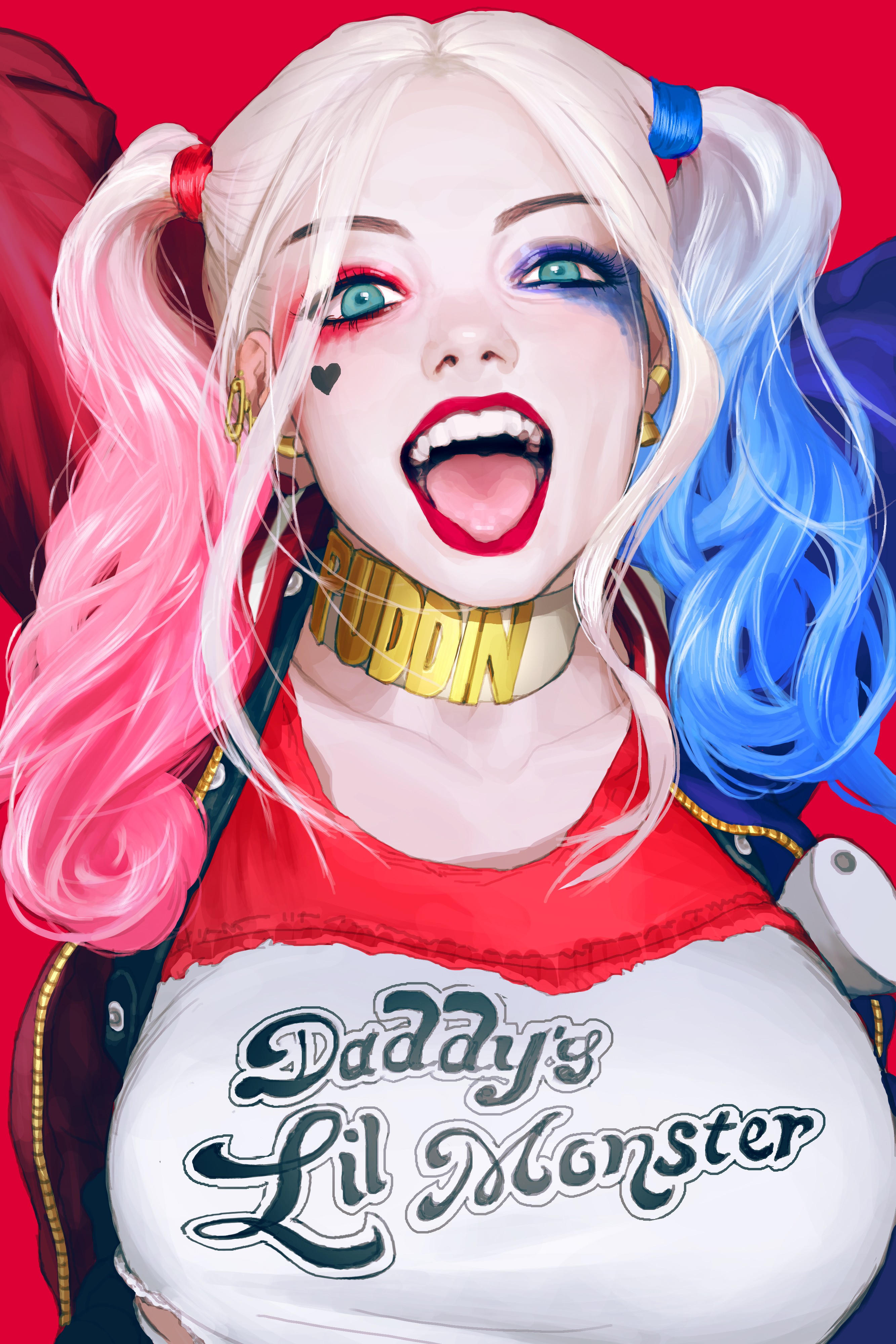 General 2666x4000 Harley Quinn Suicide Squad Batman villains women open mouth makeup red lipstick blue eyes pink hair blue hair looking at viewer red background comics DC Comics